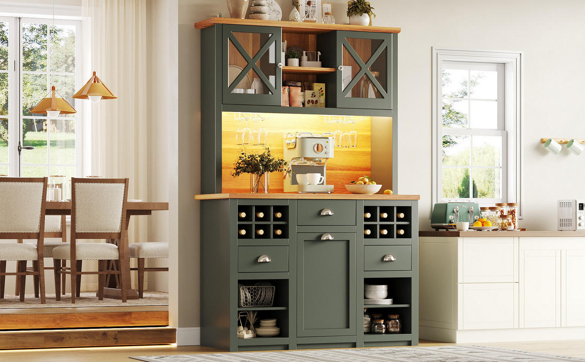 HOCHSCHRANK 120x45x188 cm, Glastüren, LED-Beleuchtung, Weinregal, verstellbare Einlegeböden, 2 Steckdosen, 2 USB-Anschlüsse, Antikgrün - Grün, Holzwerkstoff (120/188/45cm) - FOHERE