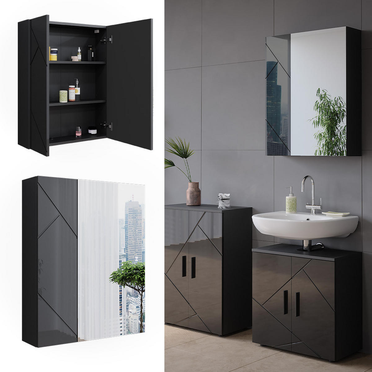 BADSPIEGELSCHRANK Irma Anthrazit/Anthrazit Hochglanz 60 x 75 cm - Anthrazit, Holzwerkstoff (60/75/17.2cm) - Vicco