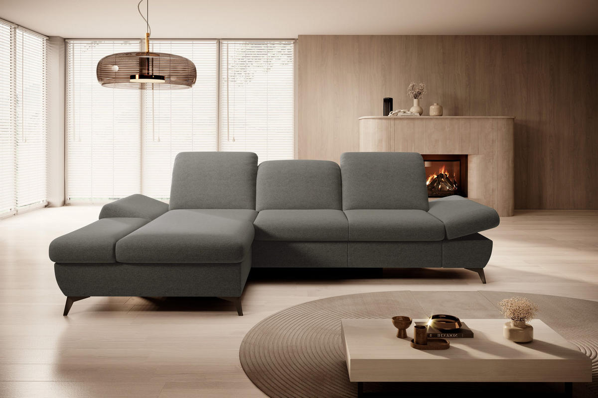 ECKSOFA FELICE L-S Grau Geflochtener Stoff mit Schlaffunktion - Grau, Holz (284/166cm) - MASSENO