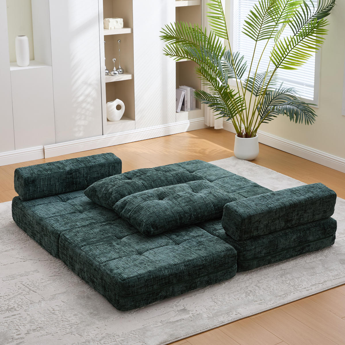 SCHLAFSESSEL Klappbares mit Kopf und Lumbalkissen Chenille Grün 79/180/18 cm - Dunkelgrün, Textil (79/57/79cm) - OKWISH