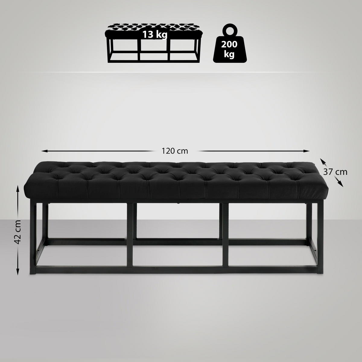 SITZBANK Polly Samt Schwarz 120 cm schwarz - Schwarz, Metall (120/42/37cm) - TPFLiving
