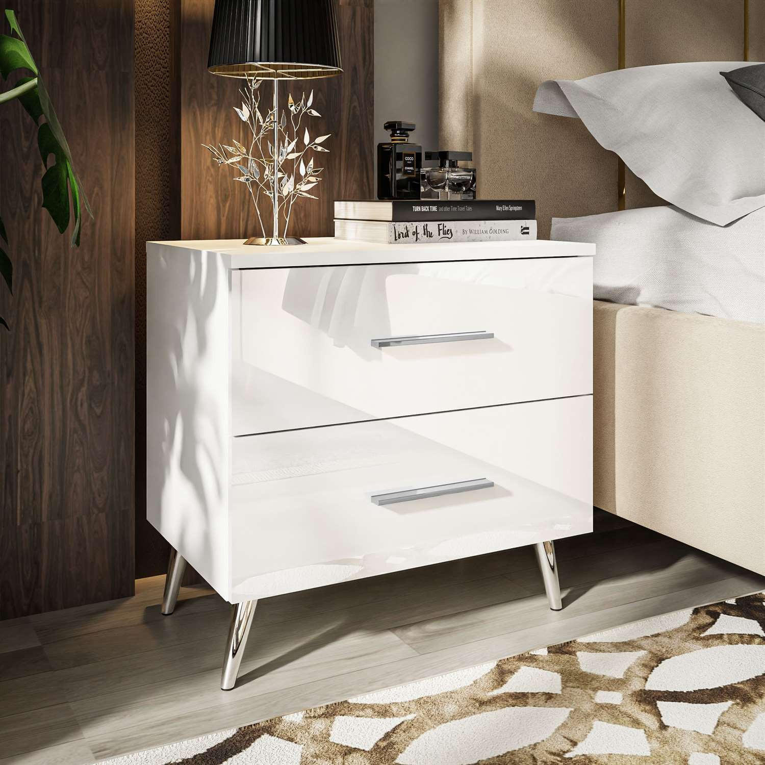 NACHTTISCH AURA mit Griffen, Chrombeinen - Weiß, Holzwerkstoff (55/55/37cm) - Lookway