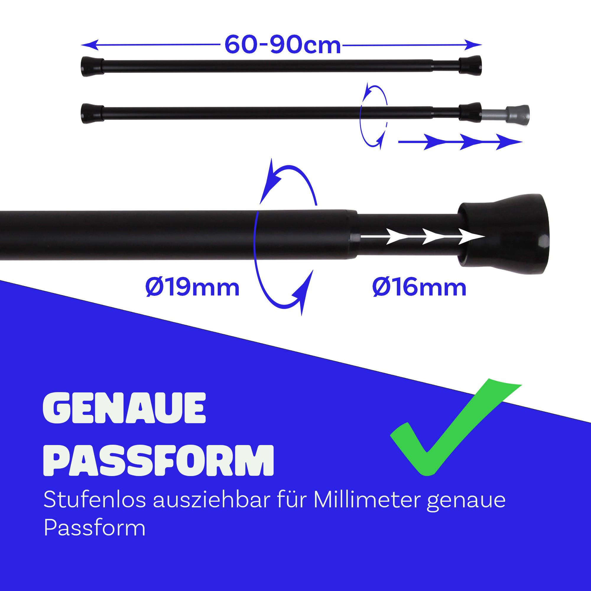 VERSTELLBARE Vorhangstange - Spannstange zum Klemmen Schwarz Ø16/19 mm 60-90 cm - Schwarz, Metall (60cm) - Bestlivings