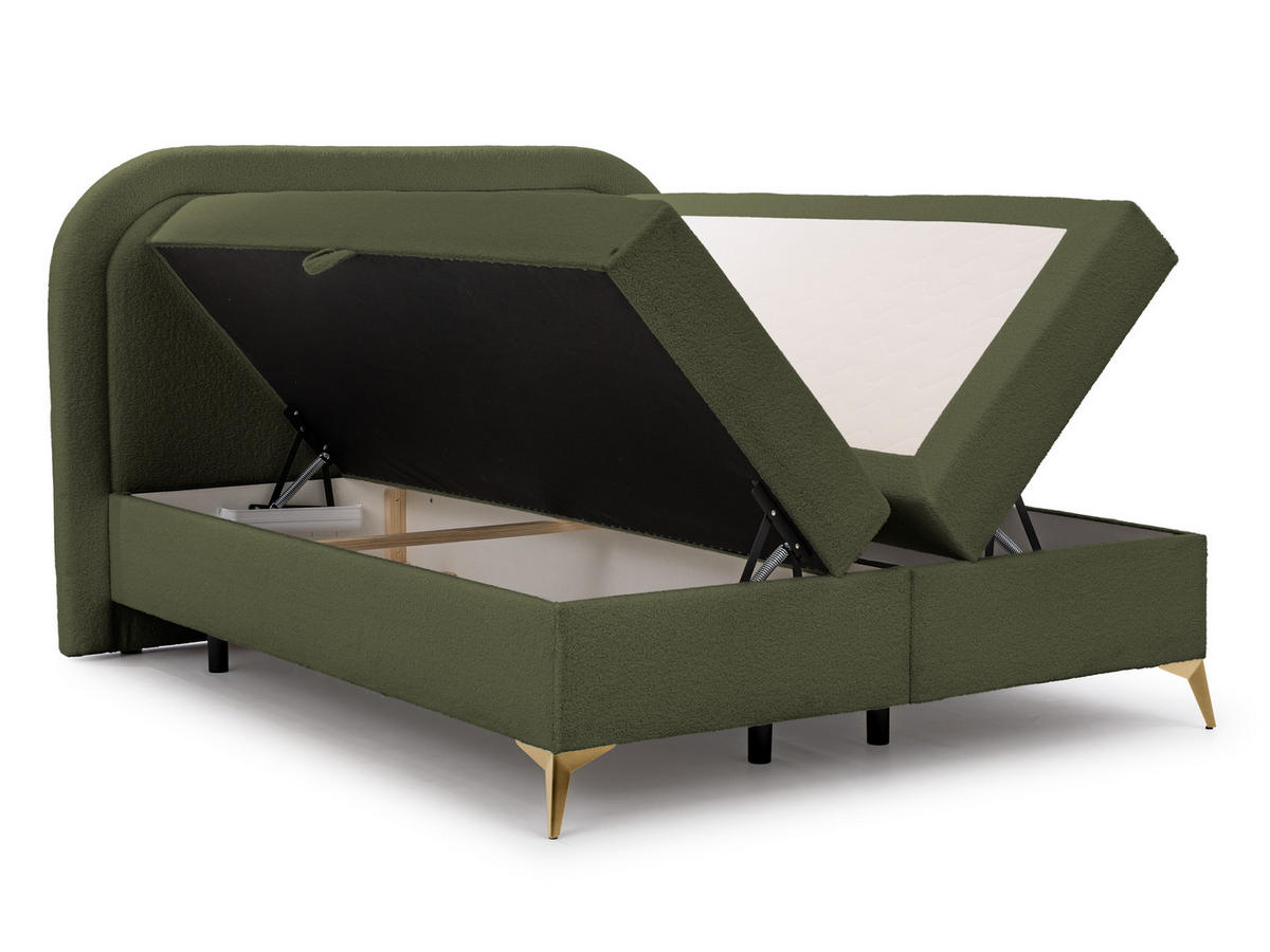 BOXBETT Sonna 200/200 cm Grün Bouclé-Stoff mit abgerundetem Kopfteil und mit goldenen Metallfüßen - Goldfarben/Grün, Holz/Textil (200/200cm) - S-Style Möbel