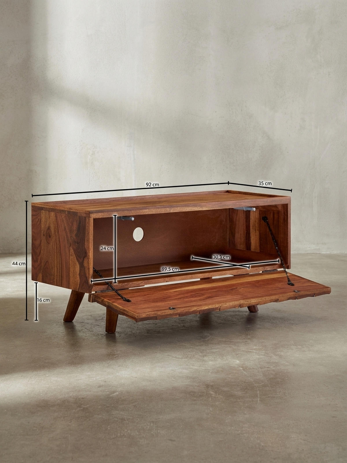 LOWBOARD Massivholz Landhausstil Modell Oasis für Fernseher bis 50 Zoll mit Kabeldurchlass - Braun, Holz (92/44/35cm) - KADIMA DESIGN