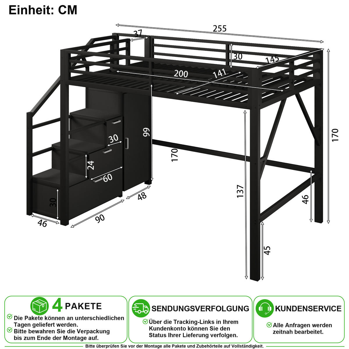 HOCHBETT 140/200 cm in Schwarz mit Kleiderschrank, LED und Stauraum Metall & MDF - Schwarz, Holzwerkstoff/Metall (140/200cm) - CHICFURN