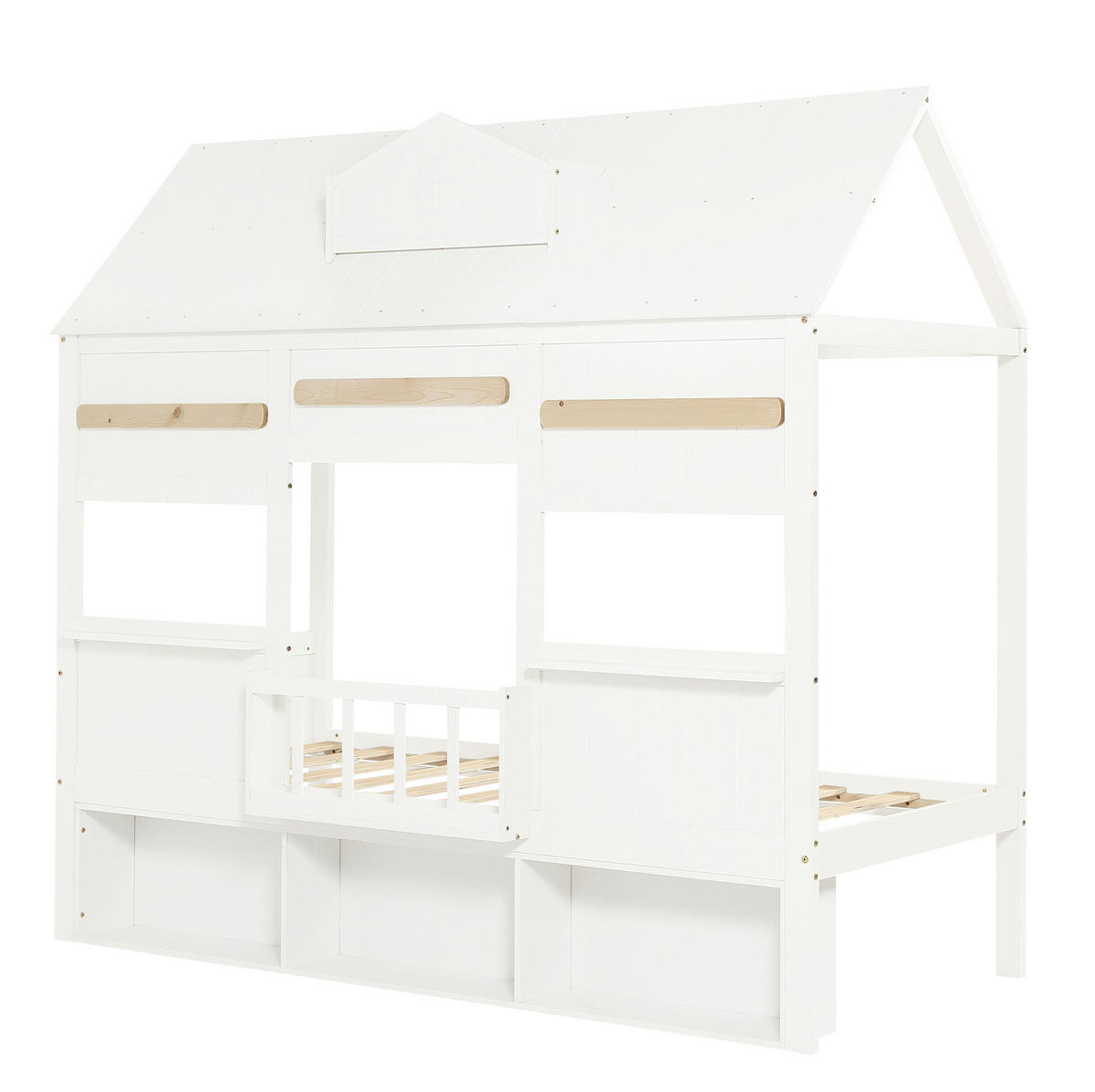 HOCHBETT Hausdesign, Weiß, 90/200 cm mit Bücherregal und Lattenrost ohne Matratze - Weiß, Holz (90/200cm) - MIVRAY