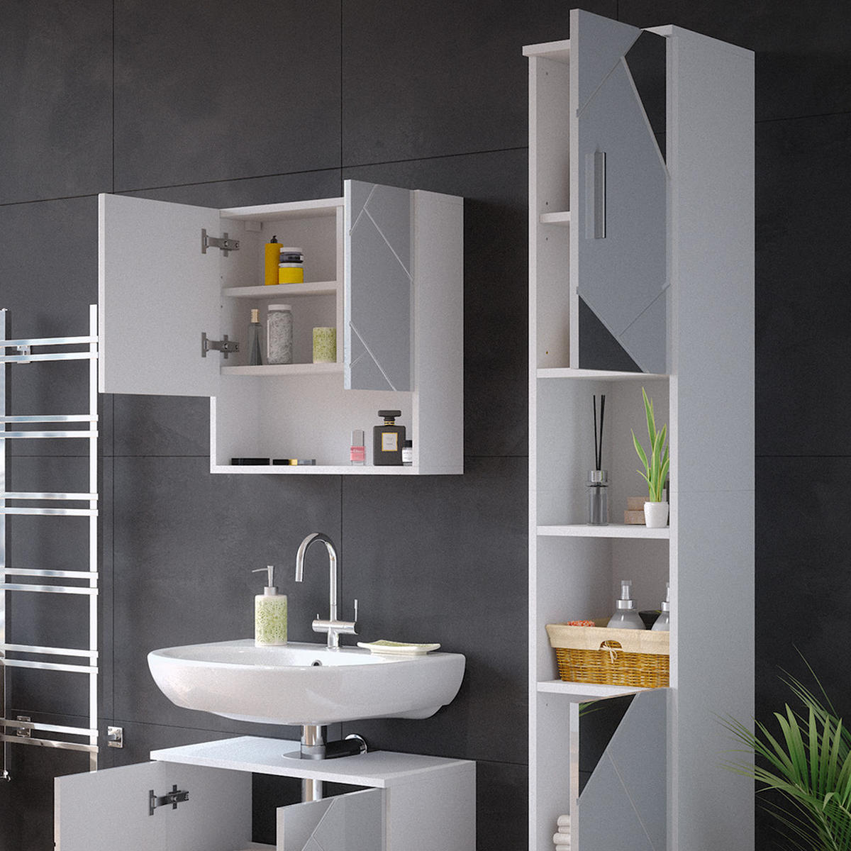 BADSCHRANK Irma Weiß 30 x 192 cm - Weiß Hochglanz, Holzwerkstoff (30/192/30cm) - Vicco