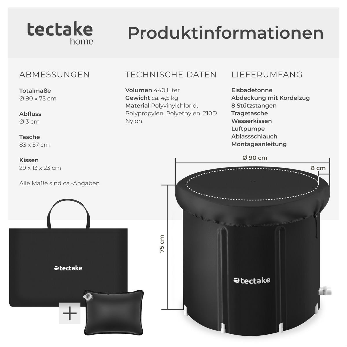 EISBADETONNE Helsinki,inkl. Tragetasche, Pumpe und Wasserkissen,schwarz - Schwarz, Kunststoff (90/75/90cm) - tectake