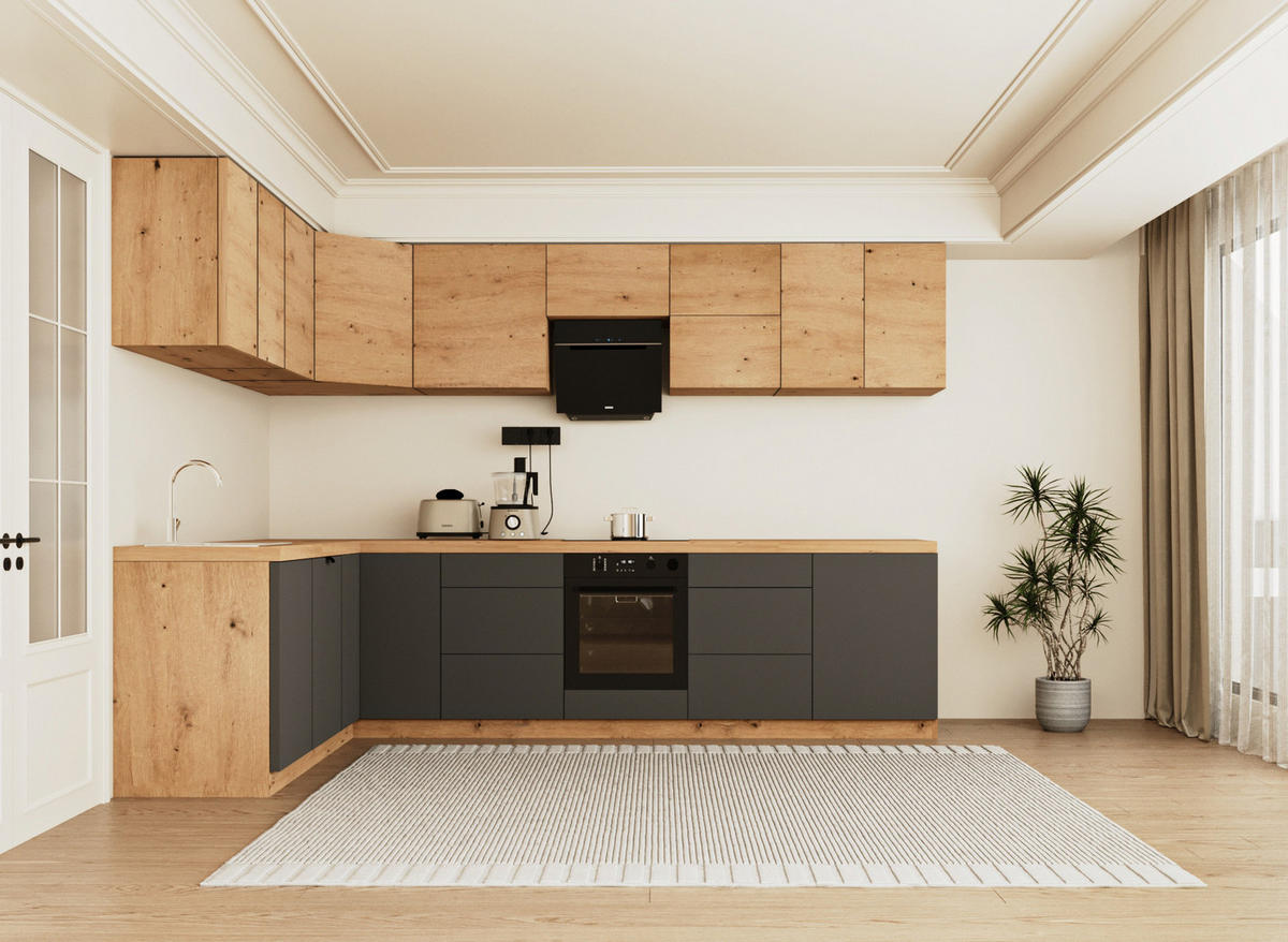 WINKELKÜCHE 320cm x 200cm- Langen KL15-M320 - in Grau / Artisan Eiche - Eiche Artisan/Grau, Holz (520/212/52cm)