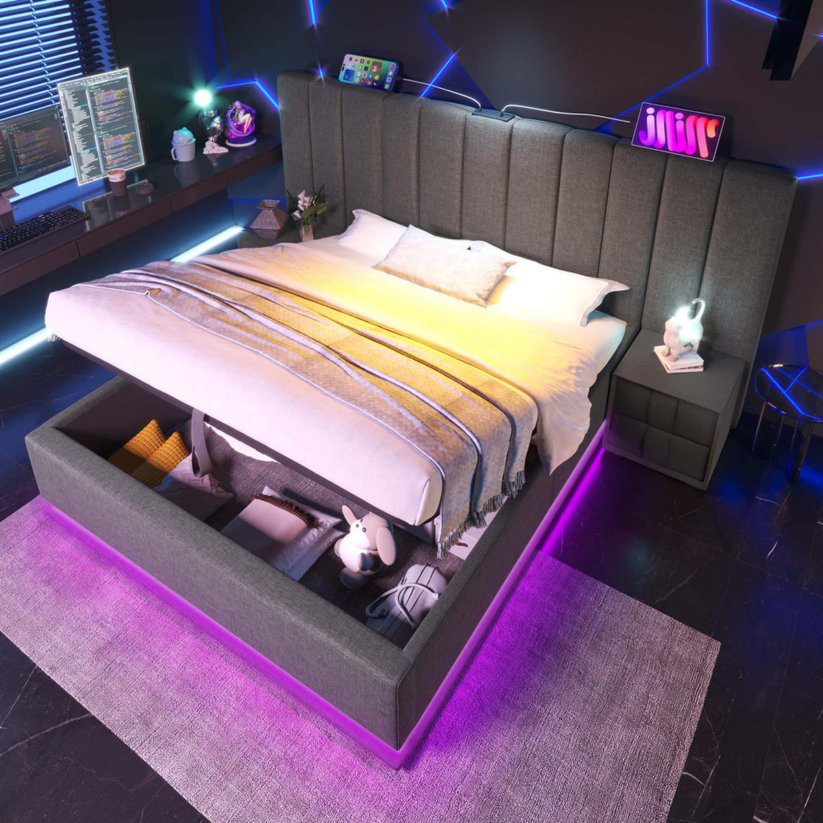 POLSTERBETT 180x200cm Doppelbett App-LED USB-C Stauraum Grau Leinen - Grau, Holz (180/200cm) - FLIEKS