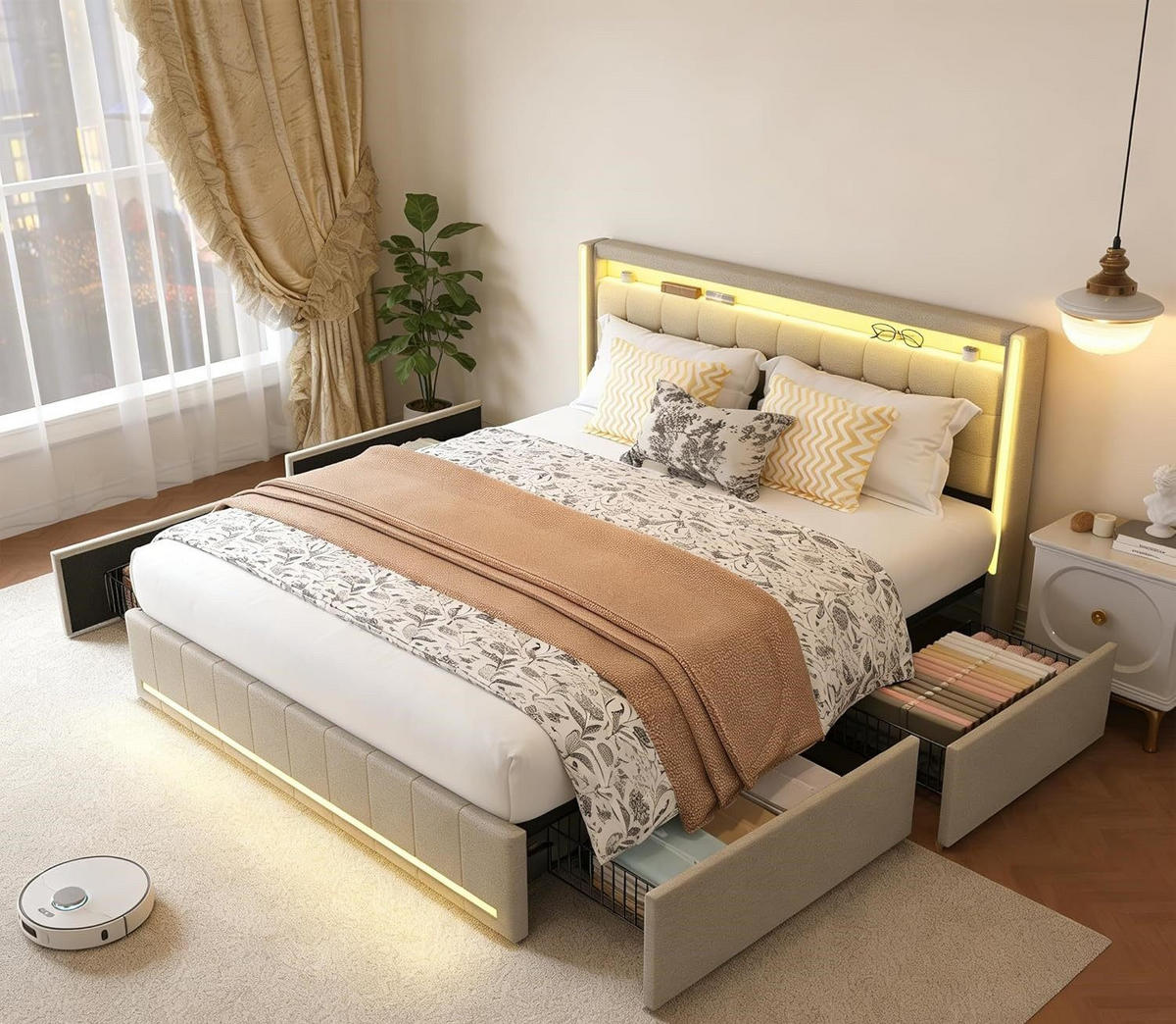 MANŽELSKÁ POSTEĽ 180/200 cm béžová ľanová s LED, USB, 4 zásuvkami - béžová, drevo - SHOPENTRA