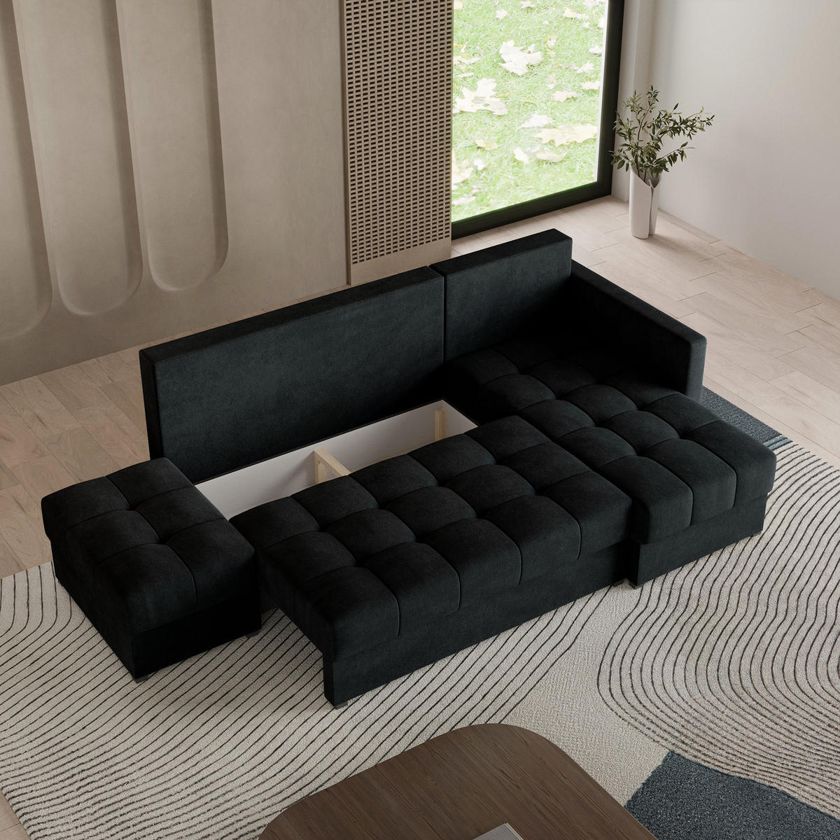 ECKSOFA LUMARI R-S Schwarz Plüsch-Stoff mit Schlaffunktion - Schwarz, Holz (262/143cm) - MASSENO