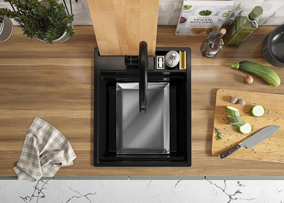 GRANITSPÜLE Oslo Pocket, 2-er set Alles Schwarz 43/53 cm 1 Becken + Küchenarmatur 40/38 cm + Ablauf-Set + Küchenzubehörset ab 45er Unterschrank - Schwarz, Kunststoff (43/20/53cm) - Primagran