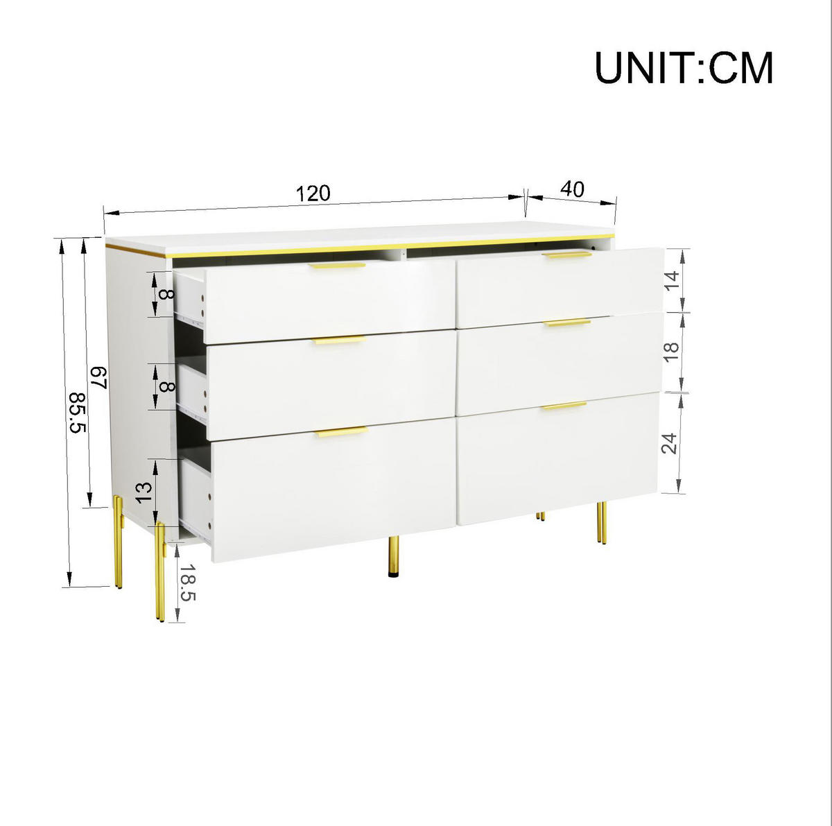 SIDEBOARD 120/40/85,5 cm weiß aus Spanplatte mit 6 Schubladen - Weiß, Holzwerkstoff (120/85.5/40cm) - OKWISH