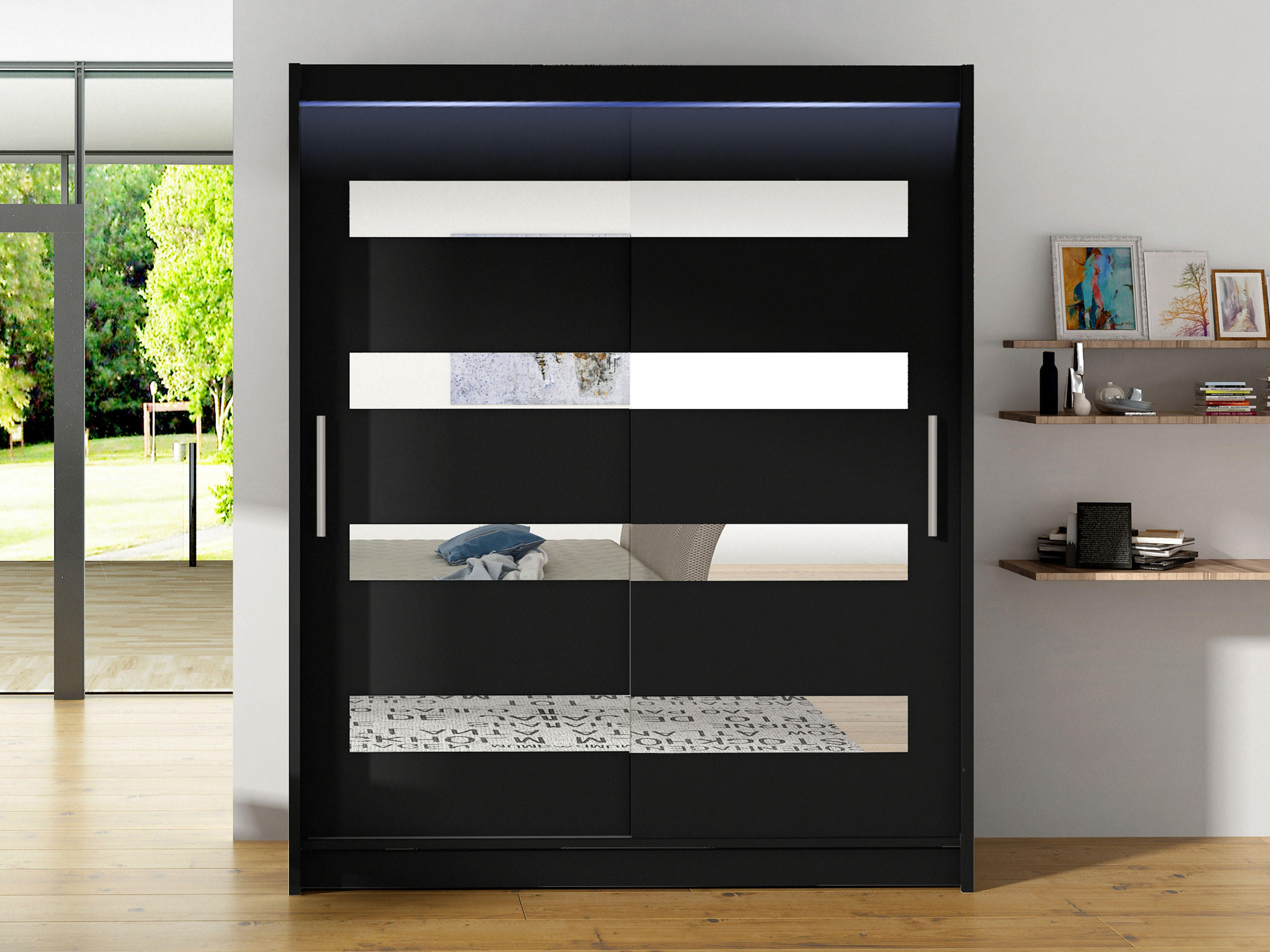 SCHWEBETÜRENSCHRANK Westa XIII, mit RGB LED Beleuchtung - Silberfarben/Schwarz, Holzwerkstoff/Metall (150/200/58cm) - MIRJAN24