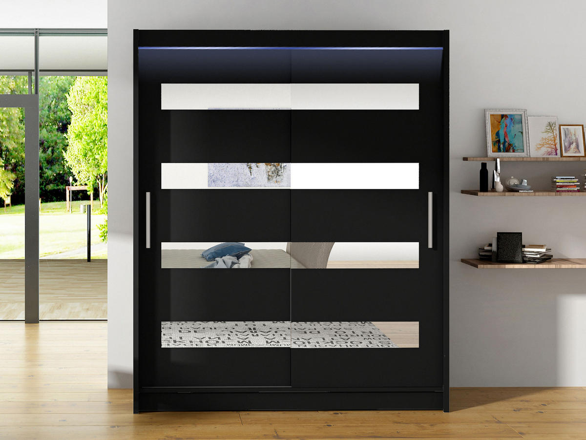 SCHWEBETÜRENSCHRANK Westa XIII, mit RGB LED Beleuchtung - Silberfarben/Schwarz, Holzwerkstoff/Metall (150/200/58cm) - MIRJAN24