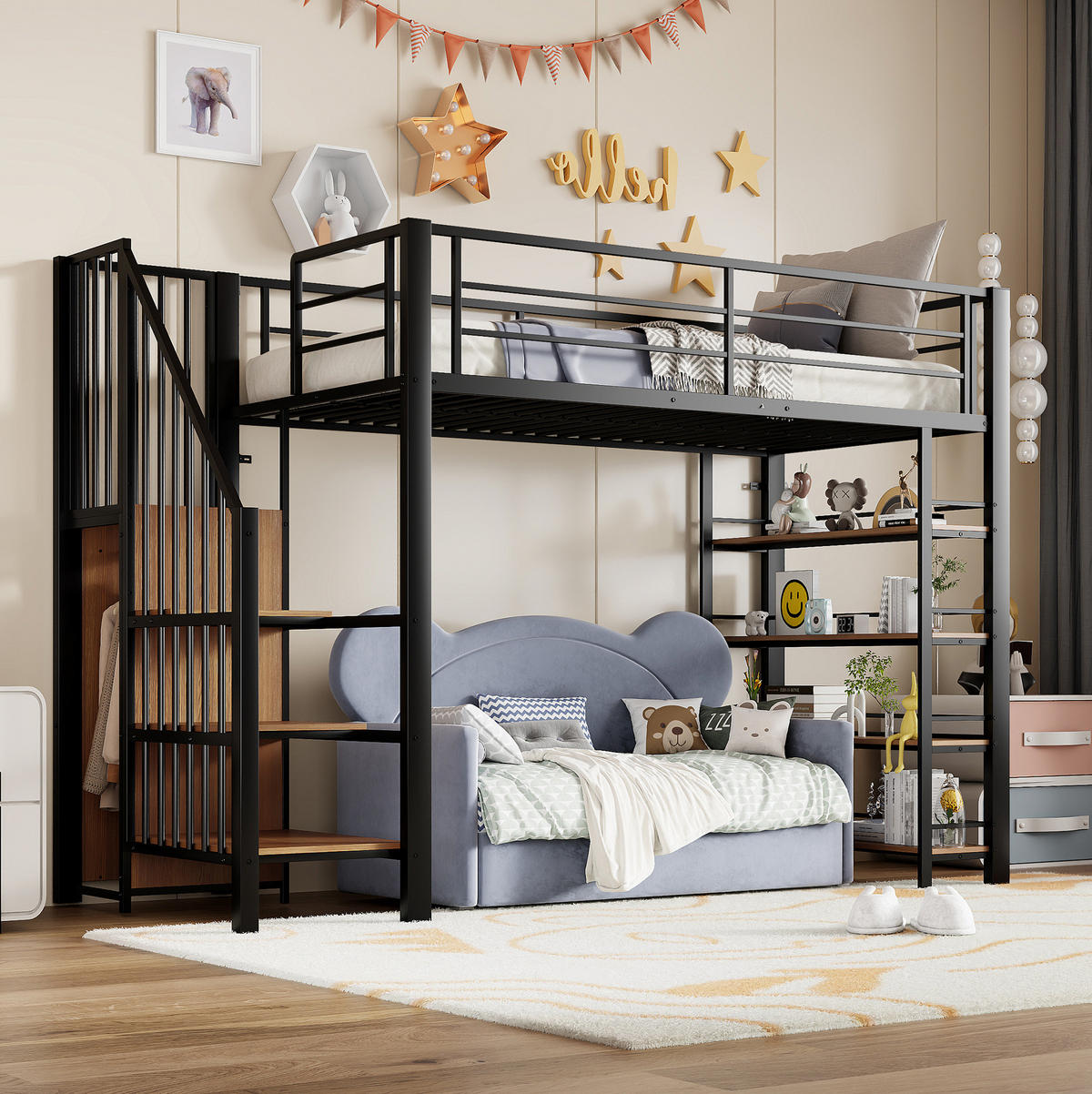 HOCHBETT 90/200 cm Schwarz aus Metall mit Sicherheitstreppe und Stauraum - Schwarz, Metall (90/200cm) - OKMYHOME