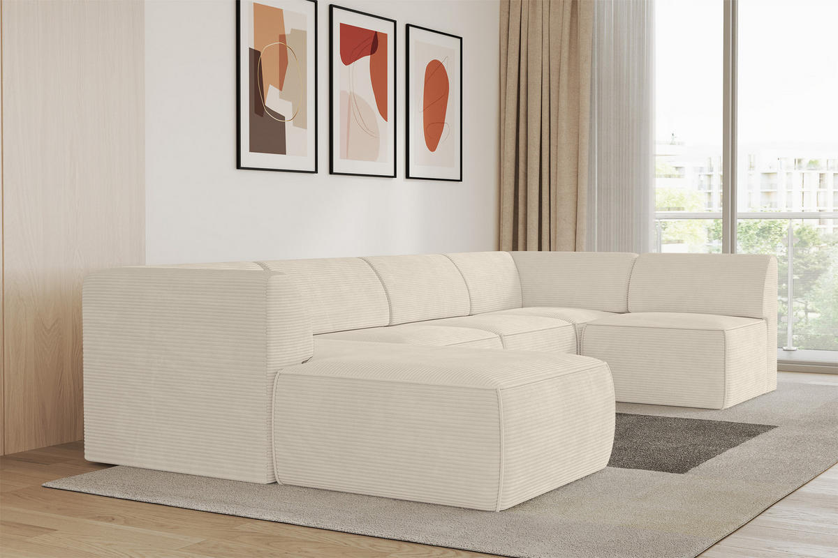 WOHNLANDSCHAFT Ottomane Links MOVO-L 345x180x78 cm Beige Cord - Beige, Holzwerkstoff/Kunststoff (345/78/180cm) - ALTDECOR