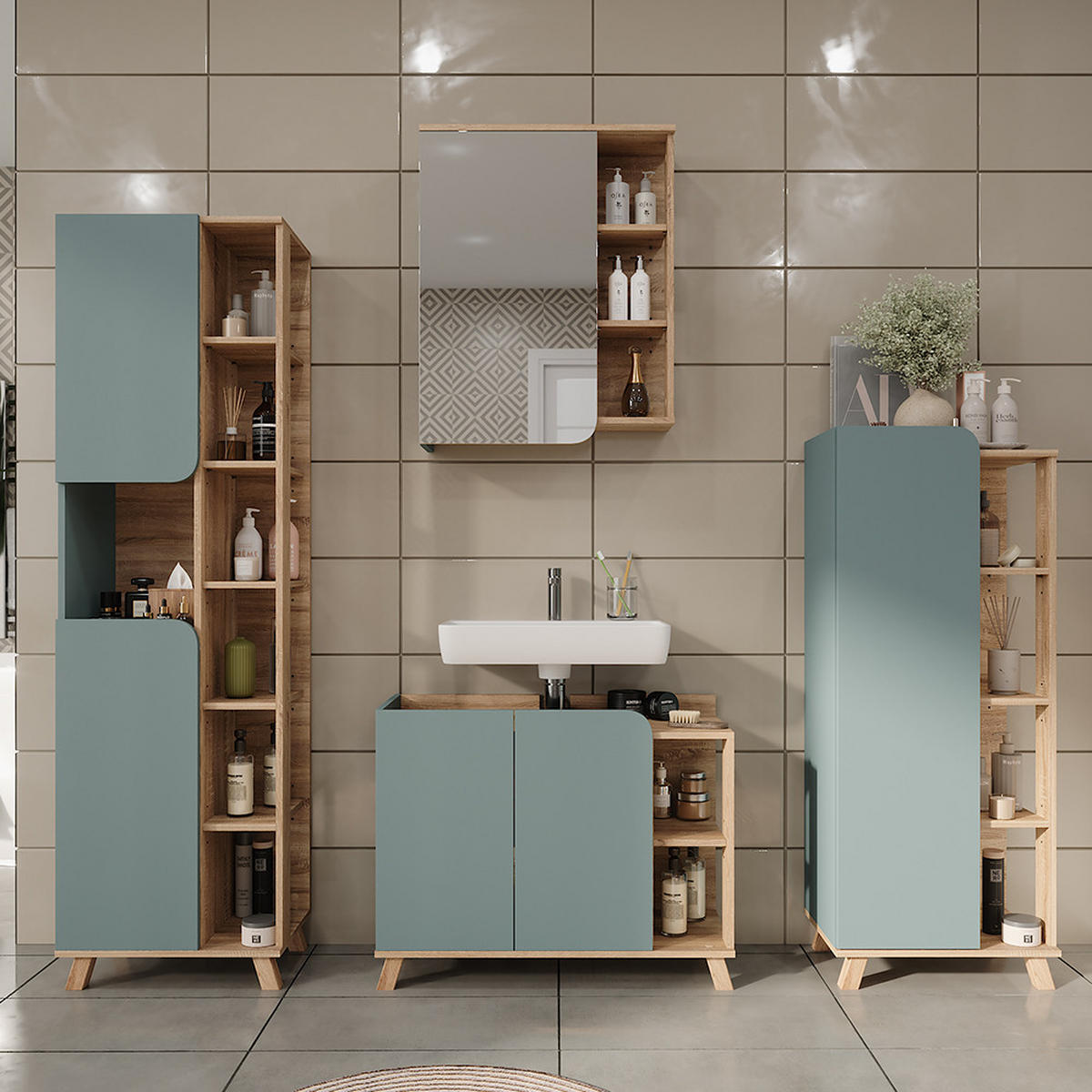 BADMÖBEL-SET Karen Sonoma/Blau 4 Teile - Blau, Holzwerkstoff (80/65/35cm) - Vicco