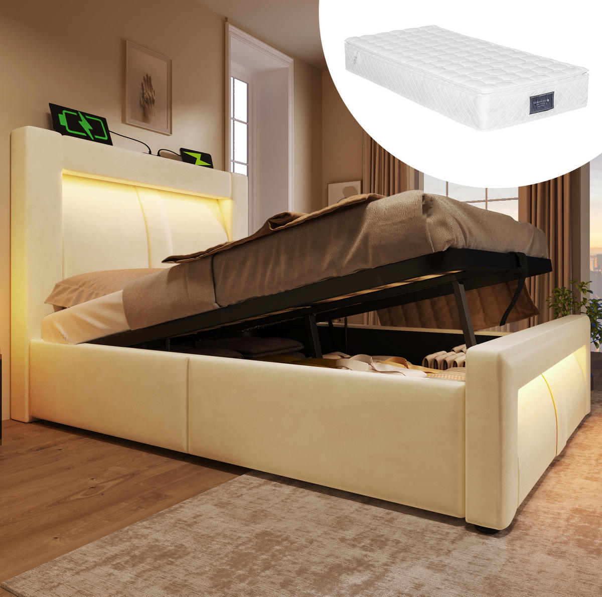 POLSTERBETT 90/200 cm Beige mit Stauraum, LED-Beleuchtung und Matratze - Beige, Textil (90/200cm) - Flora Grace