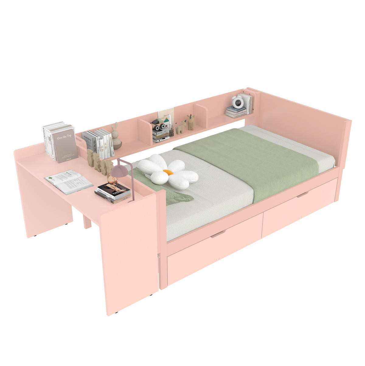 EINZELBETT aus Kiefernholz und Spanplatte 90x200 cm Rosa mit Schreibtisch, 2 Schubladen und Regalen - Rosa, Holz (90/200cm) - IVMEU