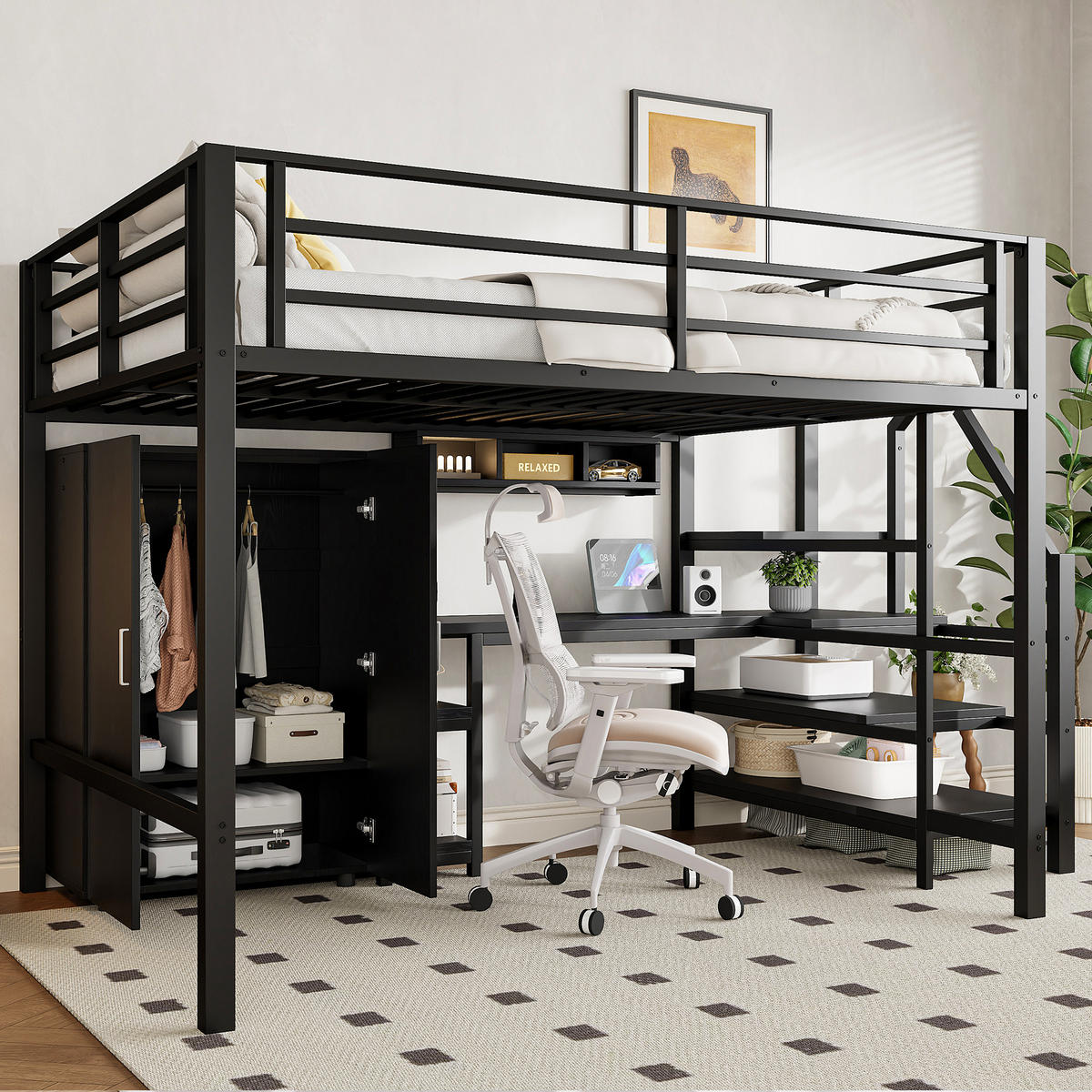 HOCHBETT 140/200 cm schwarz mit Kleiderschrank und integriertem Schreibtisch - Schwarz, Metall (140/200cm) - OKWISH