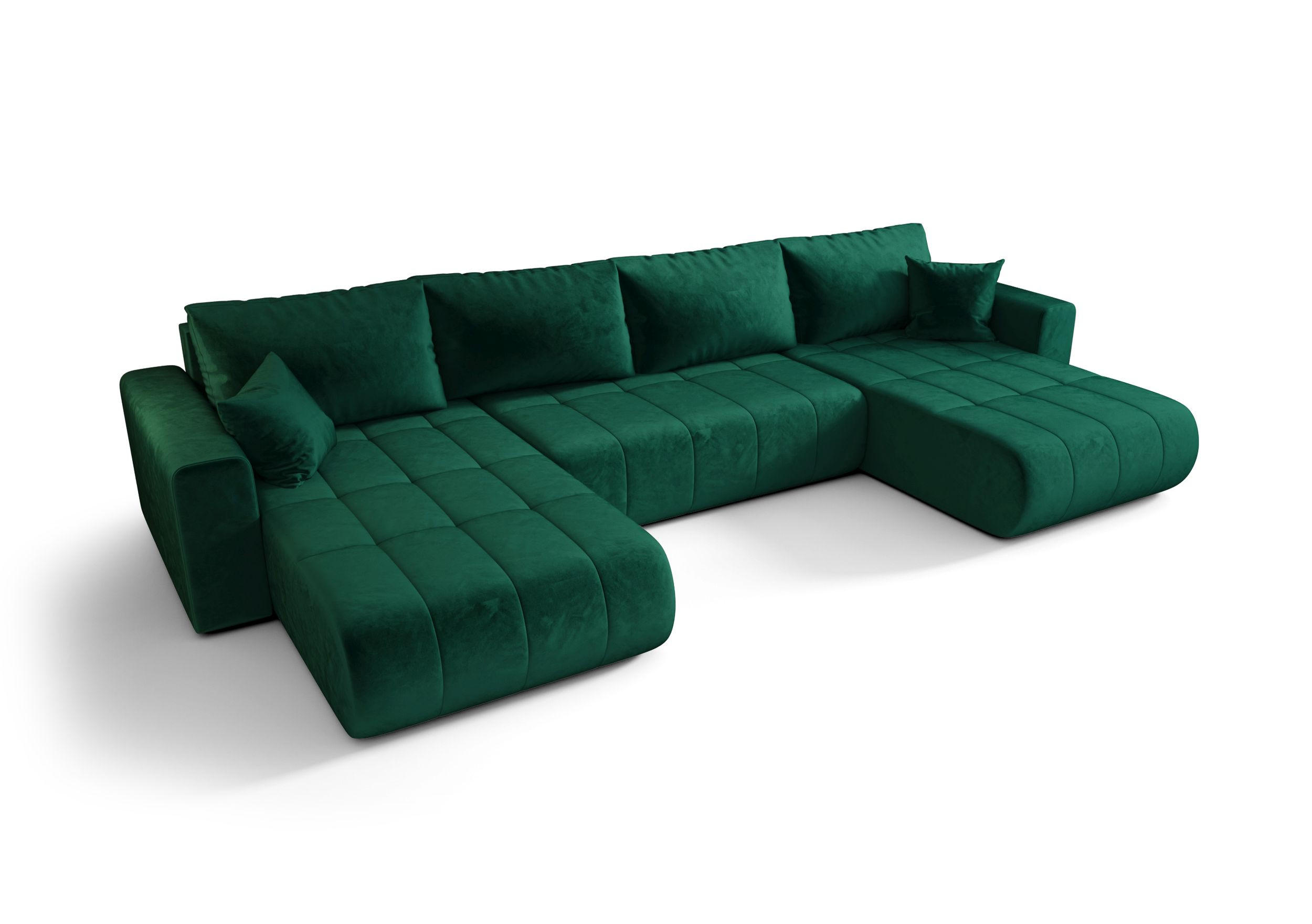 WOHNLANDSCHAFT LARA U-Form grün Velours Monolith 37 - Schlaffunktion, Bettkasten - Grün, Textil (385/85/175cm) - Cornero