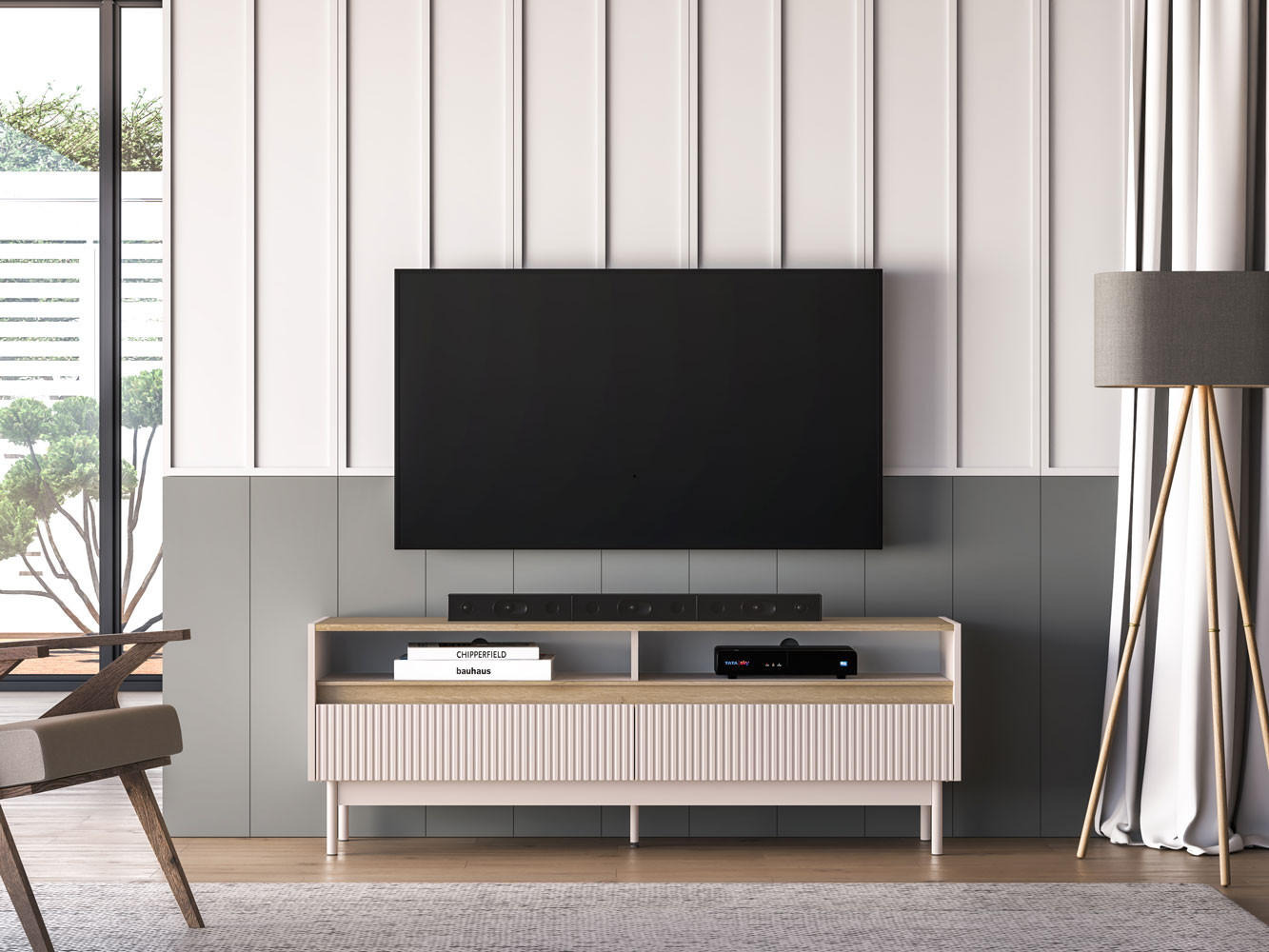 LOWBOARD Dunea Cashmere / Eiche Cremona Torro 154 / 40 / 55cm - Creme/Braun, Holz/Holzwerkstoff (154/55/40cm) - Feldmann-Wohnen
