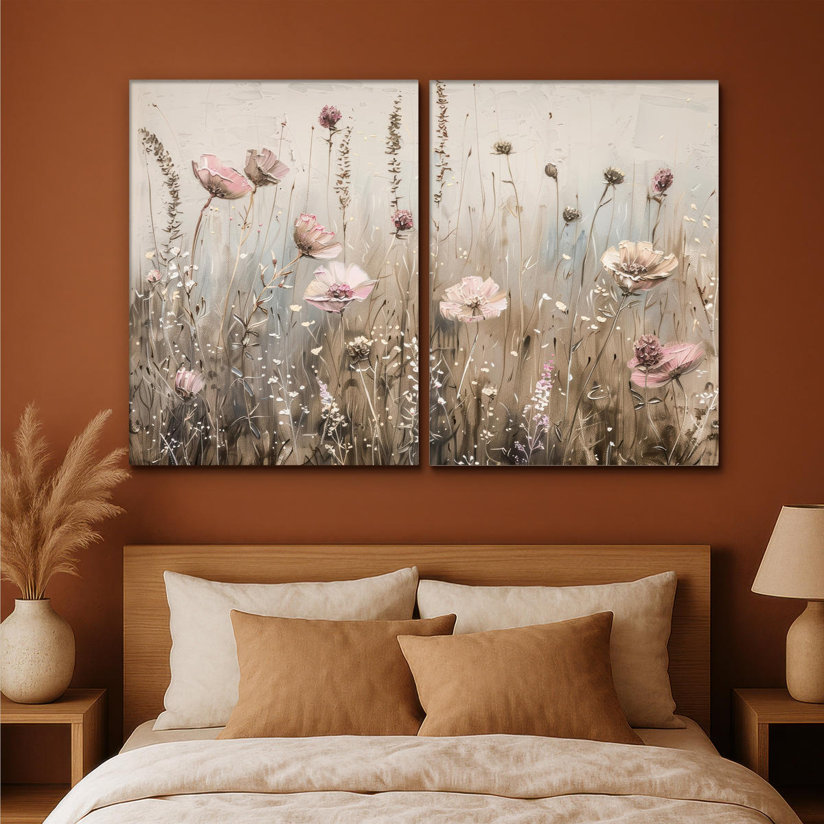 LEINWANDBILD 2er Set Blumen - Beige - Modern - Rosa 180x120 cm - Ecru, Textil (180/120cm) - MuchoWow