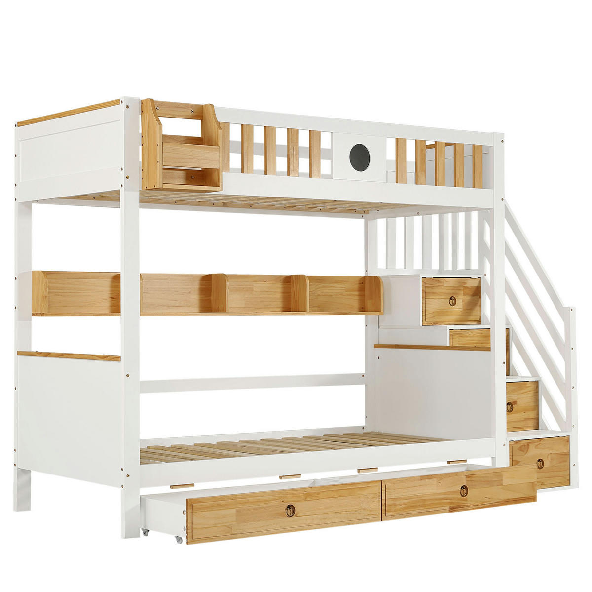 ETAGENBETT 90/200 cm mit Treppe und Stauraum in Weiß/Natur - Weiß, Holzwerkstoff - BEAOK