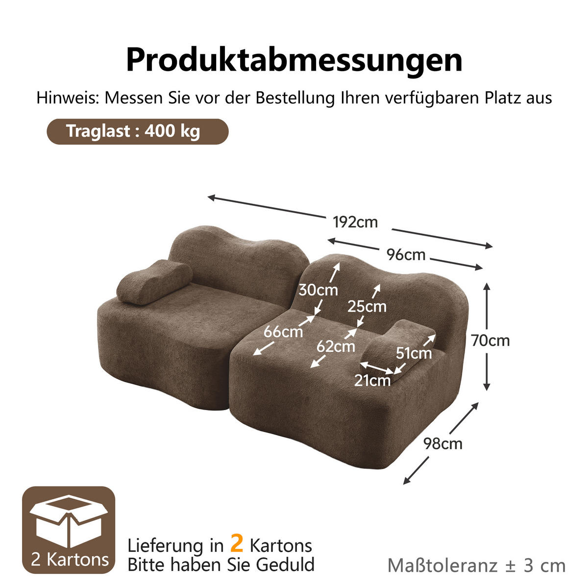 2-SITZER-SOFA DE-34348 mit Armlehnenkissen Braun - Braun, Textil (98/70/192cm) - ComfortXL