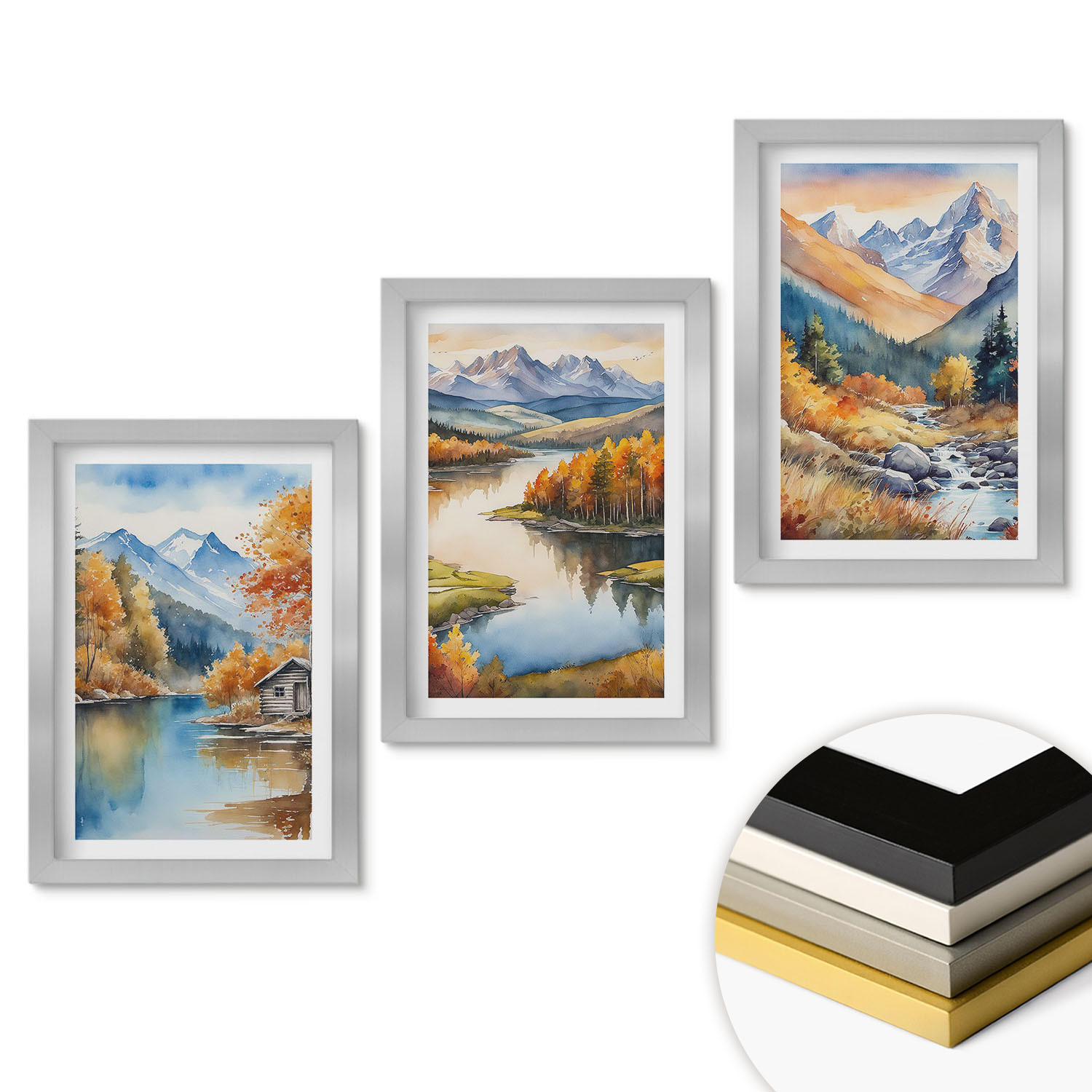 WANDBILDER 3er Set - 20x30 cm Silberner Rahmen - Gebirgsflüsse, Herbstbäume - Silberfarben, Kunststoff (20/30cm) - ArtPrintCave