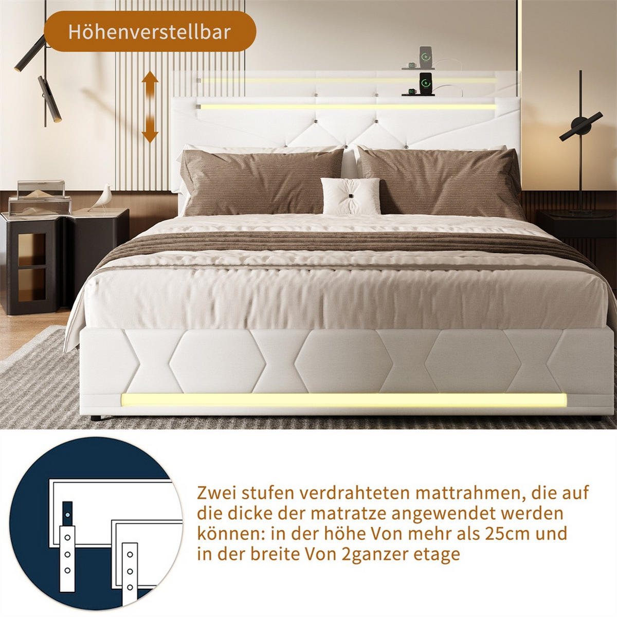 POLSTERBETT 140x200 cm mit LED-Beleuchtung&USB-Ladefunktion -höhenverstellbarem Kopfteil und hydraulischem Stauraum - Beige, Textil (140/200cm) - DELFA