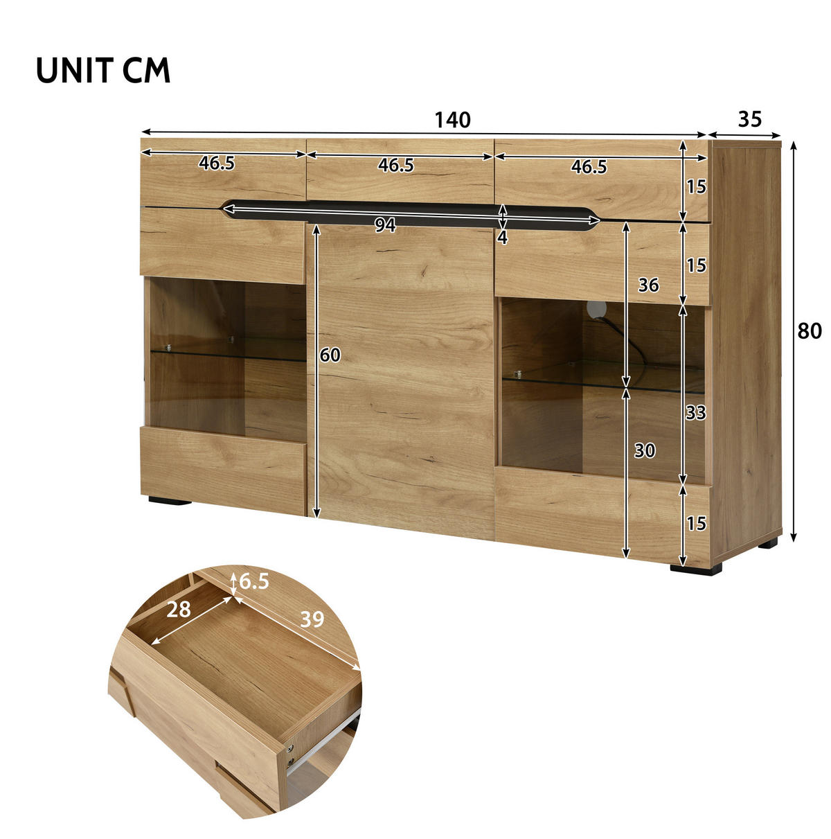 SIDEBOARD aus Spanplatte 140x35x80 cm Eiche mit LED-Beleuchtung, 3 Türen und 3 Schubladen - Eichefarben, Holzwerkstoff (140/80/35cm) - IVMEU
