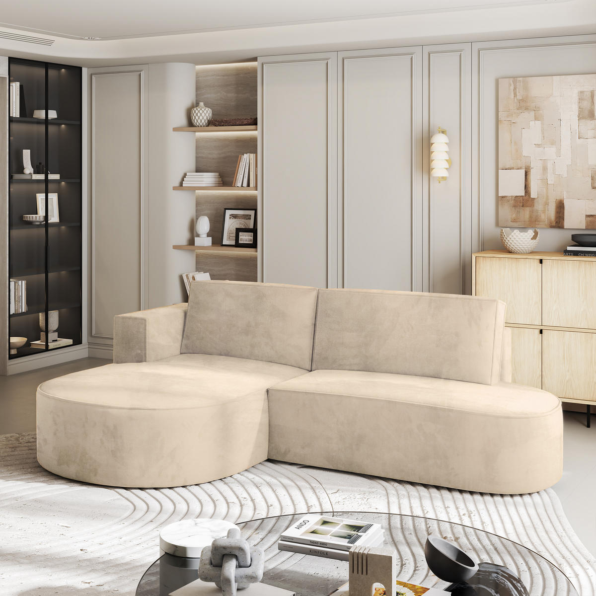 ECKSOFA CORTIO M L-S Creme Velours-Stoff mit Schlaffunktion - Creme, Holz (265/174cm) - MASSENO