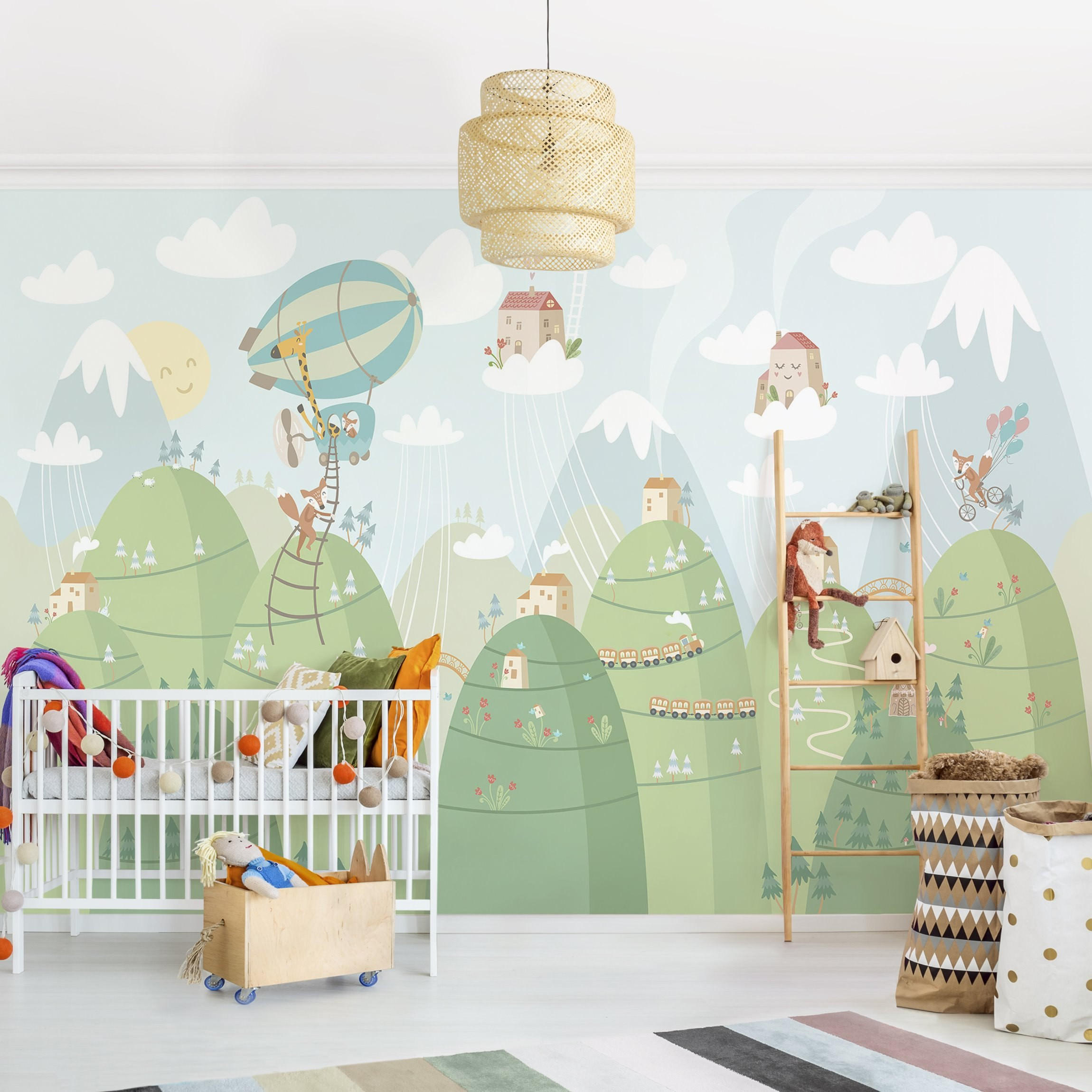 FOTOTAPETE Wald mit Häusern und Tieren 432/290 cm - Grün, Papier (432/290cm) - Bilderwelten