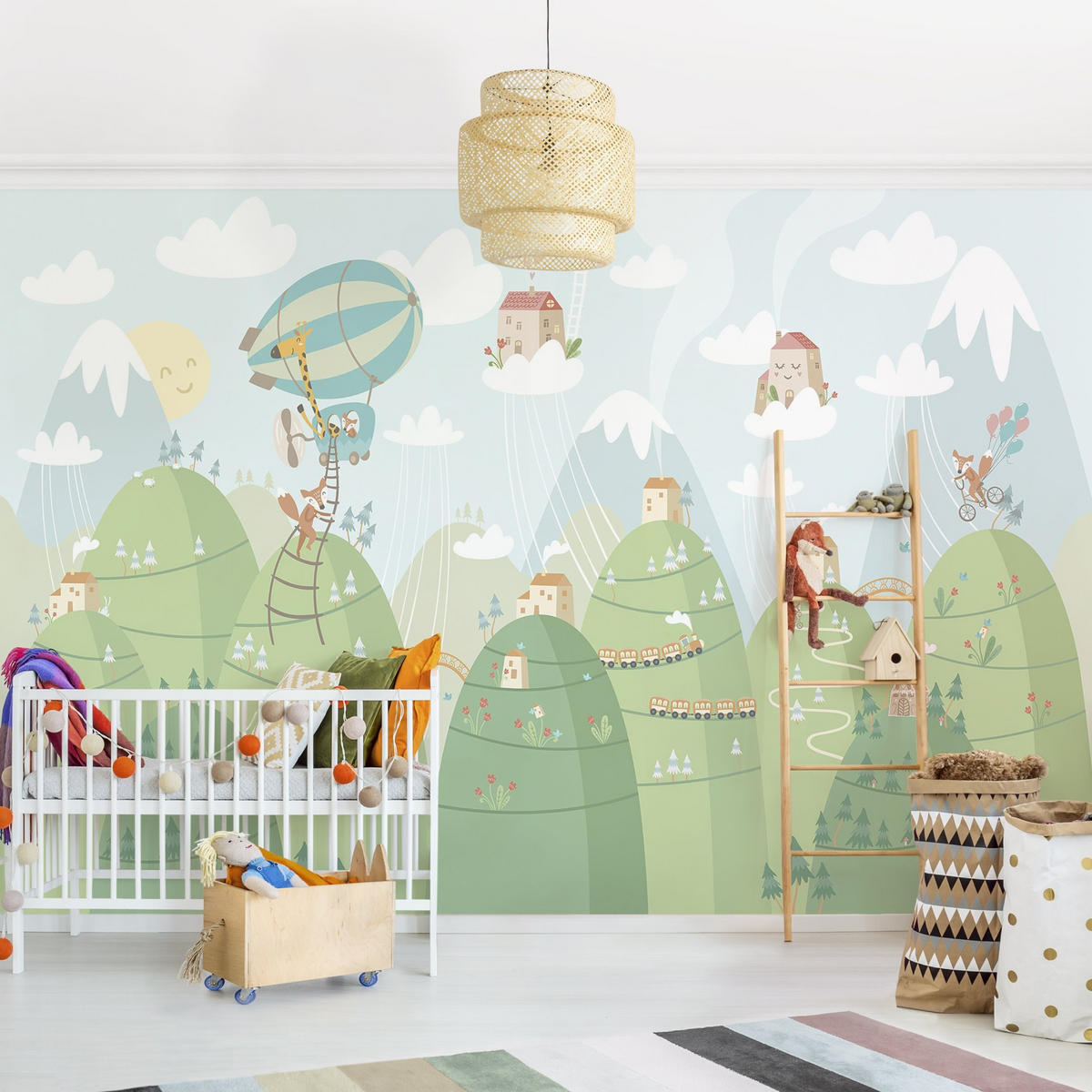 FOTOTAPETE Wald mit Häusern und Tieren 288/190 cm - Grün, Papier (288/190cm) - Bilderwelten