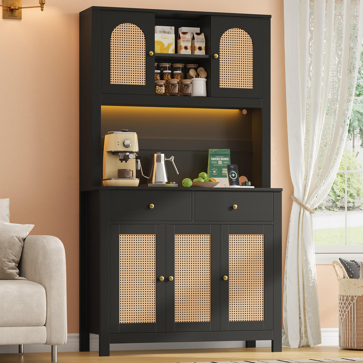 BUFFET DE-38637 100/40/180 cm LED-Beleuchtung und 5 Rattantüren Schwarz - Schwarz, Holzwerkstoff (100/180/40cm) - ComfortXL