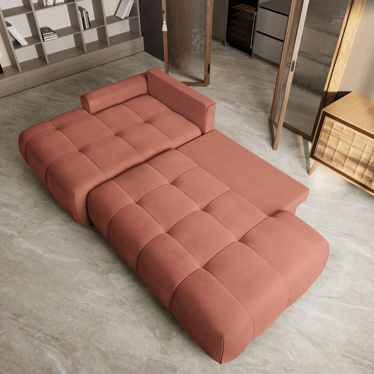 ECKSOFA FLUMA CL L-S Koralle Samtstoff mit Schlaffunktion - Koralle, Holzwerkstoff/Textil (279/158cm) - MASSENO