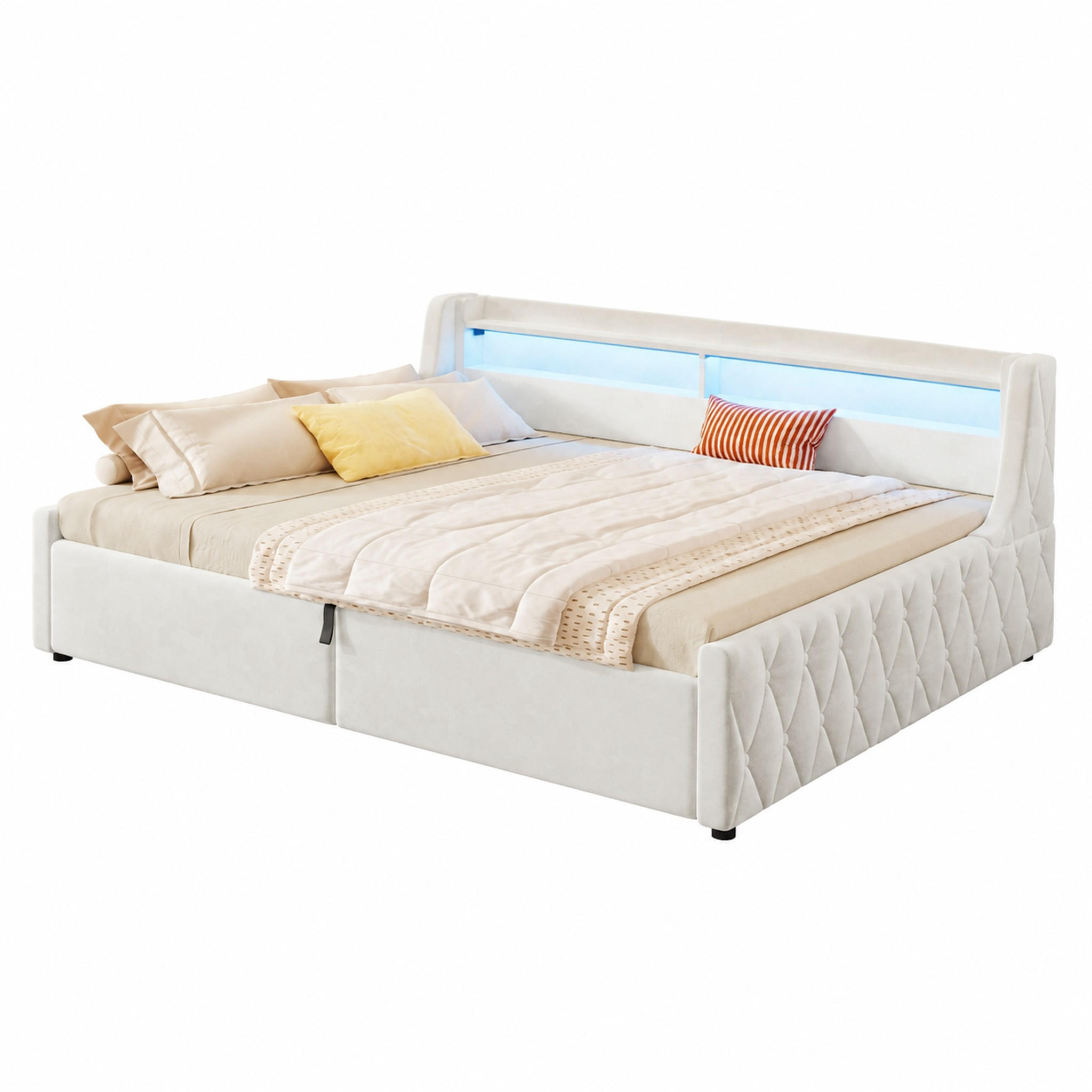 BETT mit Bettkasten und LED 140x200 cm Flanell Off White - Weiß, Metall (140/200cm) - Meubliv