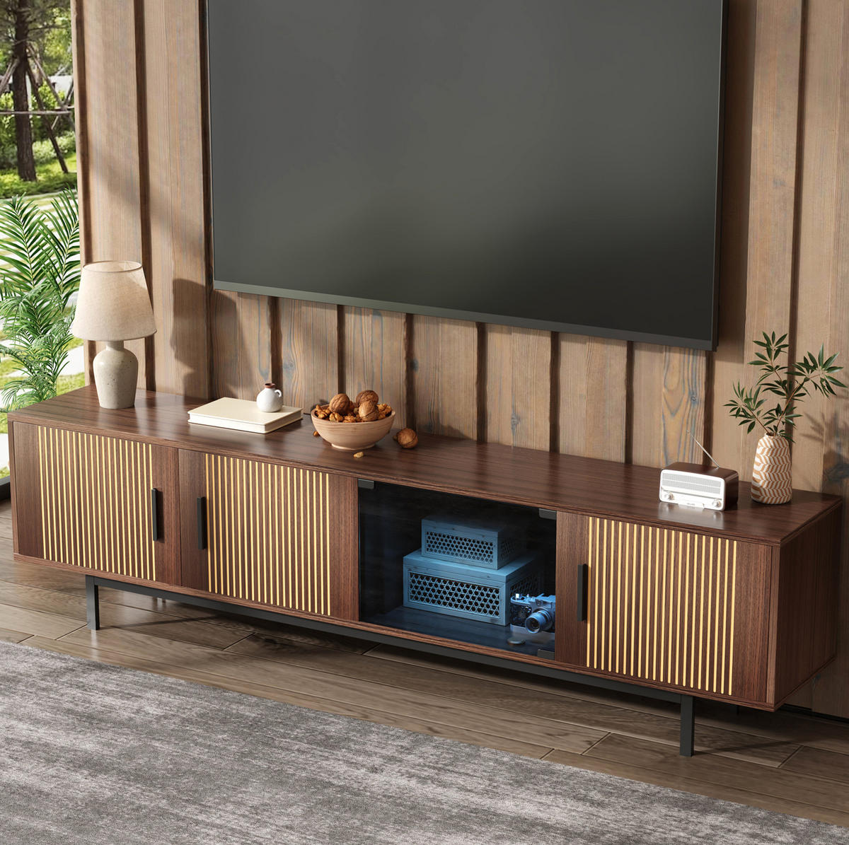 TV-SCHRANK in Schwarz und Walnussbraun mit LED-Leiste 200/35/53 cm - Walnussfarben, Holzwerkstoff (200/53/35cm) - Redom