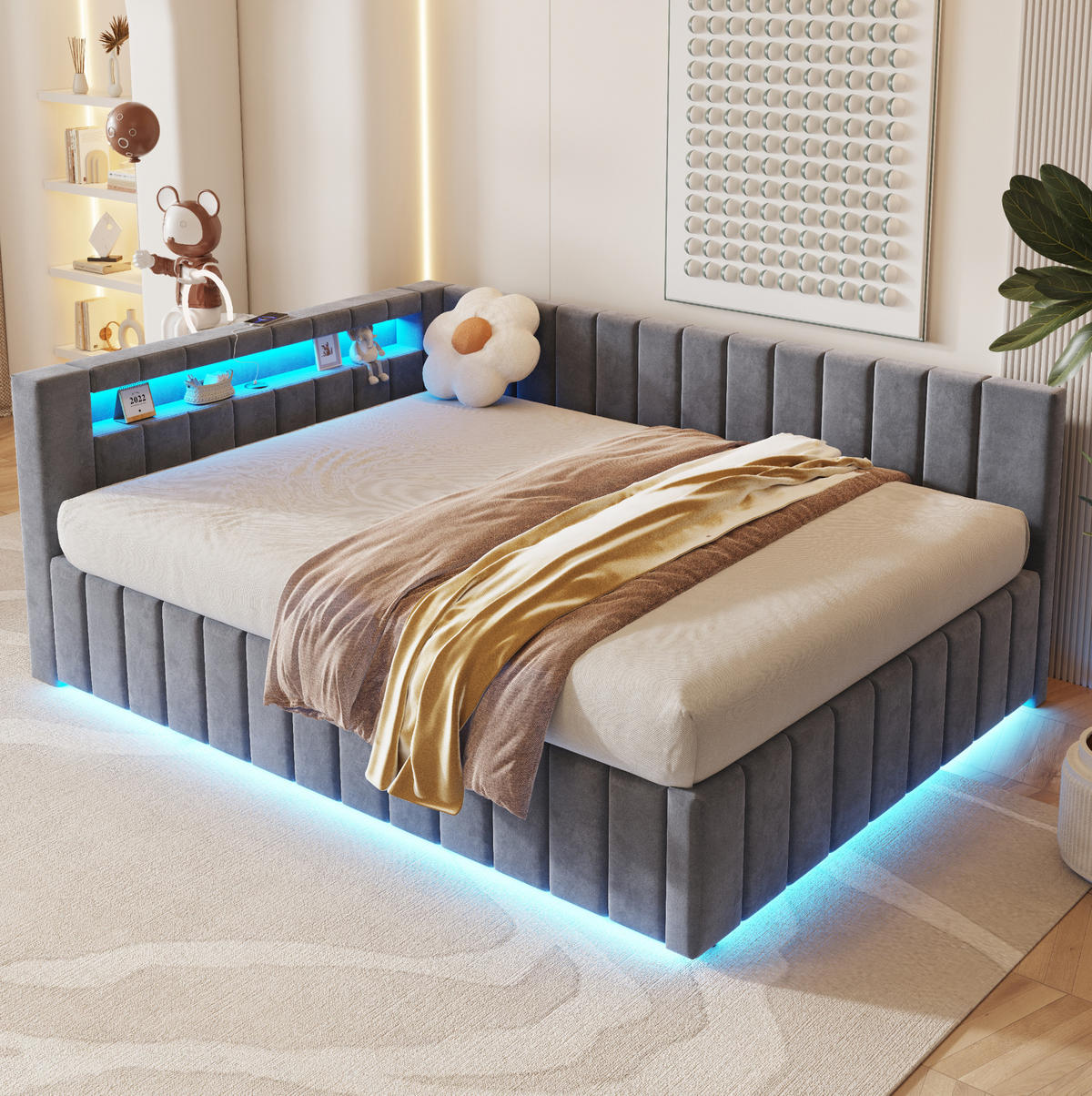 POLSTERBETT 140/200 cm aus Samt mit LED und USB, Grau - Grau, Textil (140/200cm) - OKMYHOME