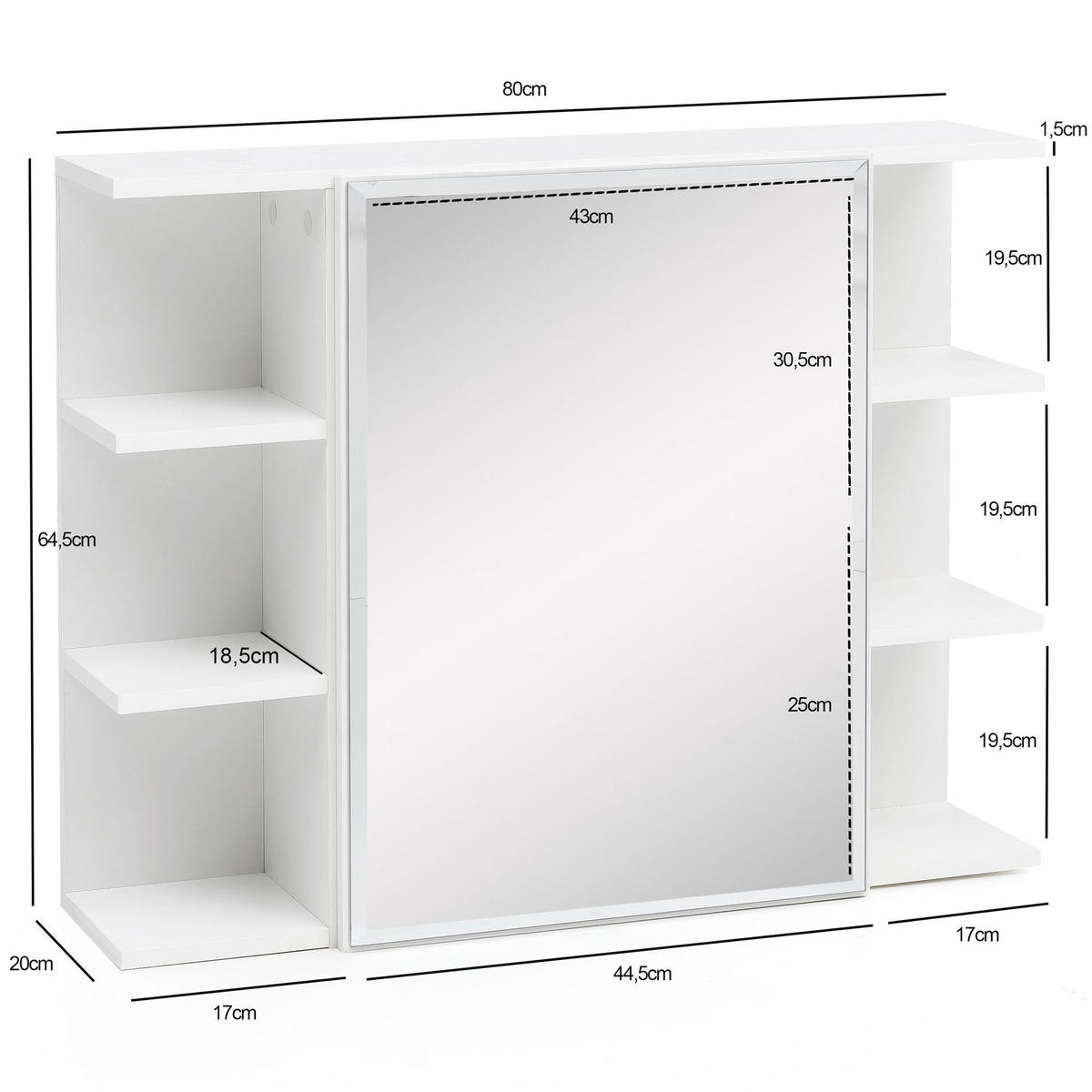 HÄNGESCHRANK Weiß aus Spanplatte mit Spiegel und seitlichen Ablagen 80x64,5x20 cm - Weiß, Holz (80/65/20cm) - KADIMA DESIGN
