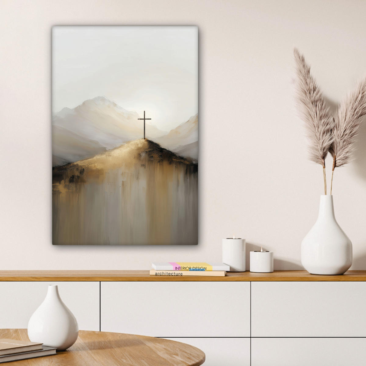 LEINWANDBILD Hügel - Abstrakt - Kreuz - Christentum Wanddeko Schlafzimmer 60x90 cm - Beige, Textil (60/90cm) - MuchoWow