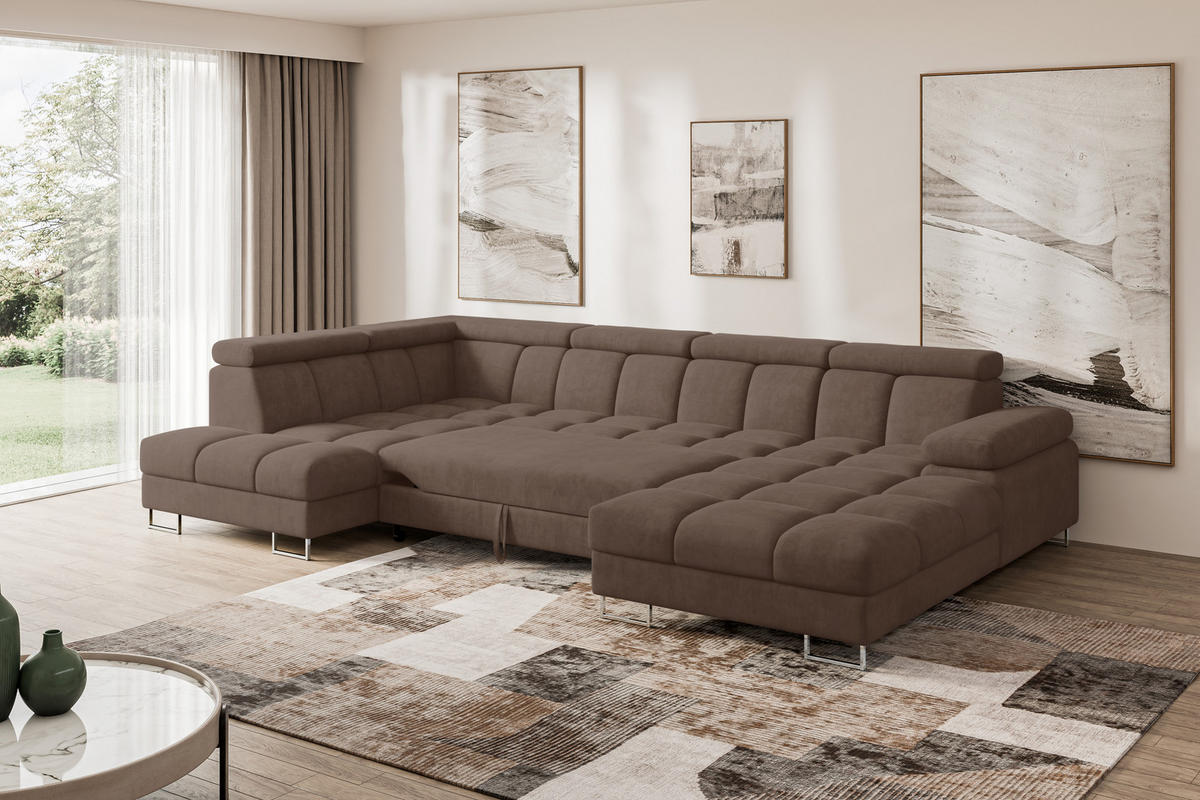 WOHNLANDSCHAFT mit Schlaffunktion und Bettkasten Ottomane Links COMA U 345x203x79 Braun Velours - Braun, Holzwerkstoff/Textil (345/79/203cm) - ALTDECOR