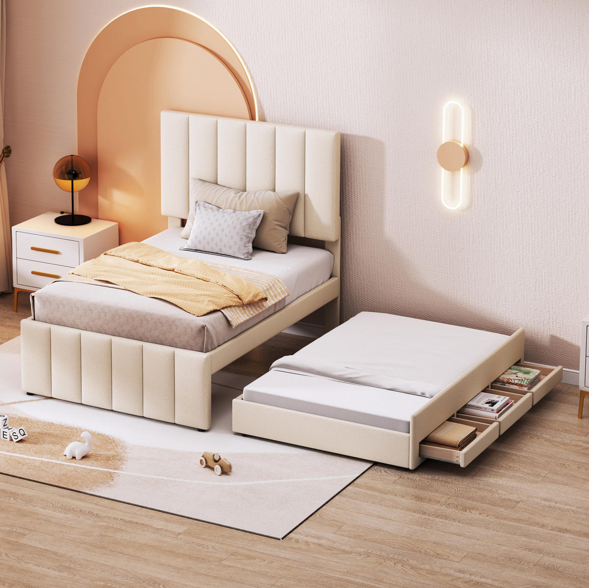 POLSTERBETT 90/200 cm Beige mit Ausziehbett und 3 Schubladen höhenverstellbares Kopfteil - Beige, Textil (90/200cm) - OKWISH