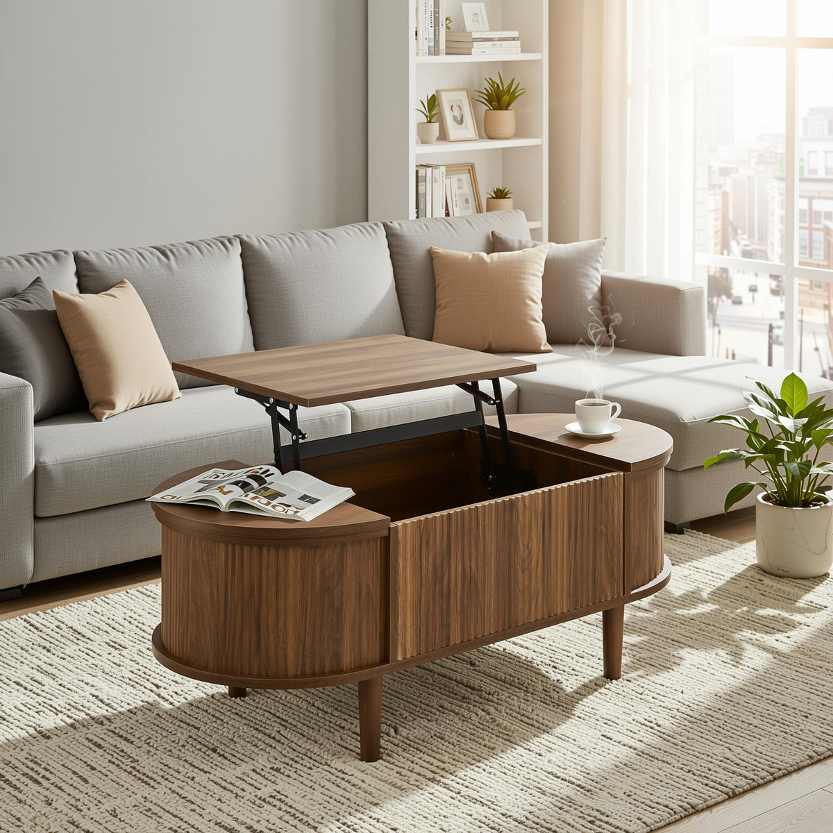 COUCHTISCH walnuss-optik oval höhenverstellbar mit stauraum - Walnussfarben, Holzwerkstoff (48/100/53.5cm) - Urban Meuble