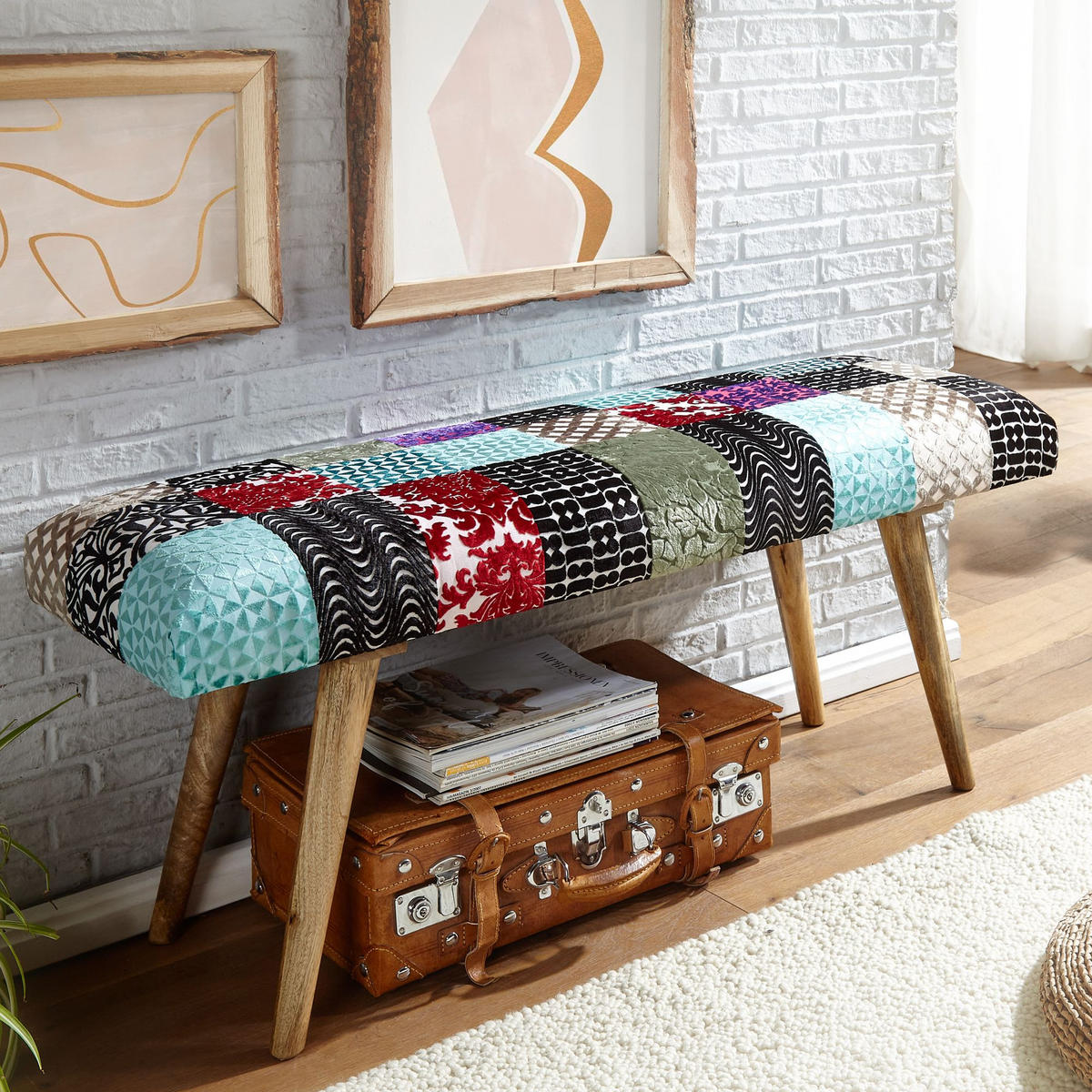 SITZBANK – Patchwork-Stoff, Massivholzbeine - Multicolor/Braun, Mangoholz/Textil (117/51/38cm) - KADIMA DESIGN