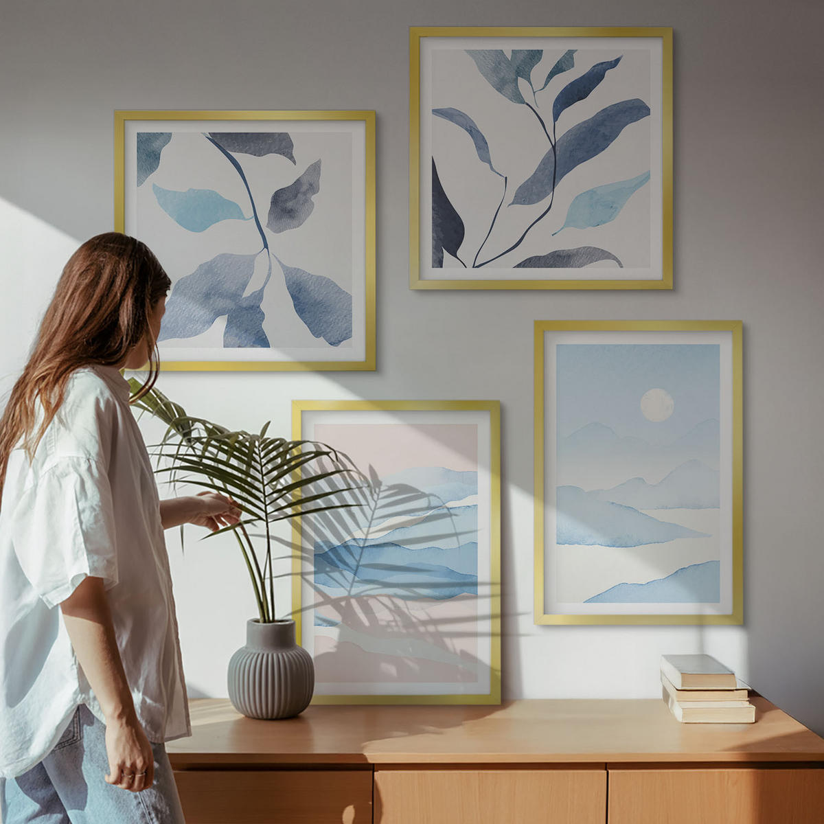 WANDBILDER 4er Set - 50x50 cm & 40x60 cm Goldrahmen - Berglandschaften, Aquarellpflanzen - Goldfarben, Kunststoff (50/50cm) - ArtPrintCave
